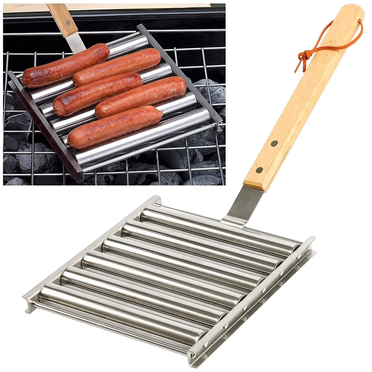 KAYCROWN Rullo per Hot Dog in Acciaio Inox Con Manico in Legno Extra Lungo, Barbecue per Cottura Uniforme, Capacità 5 Hot Dog