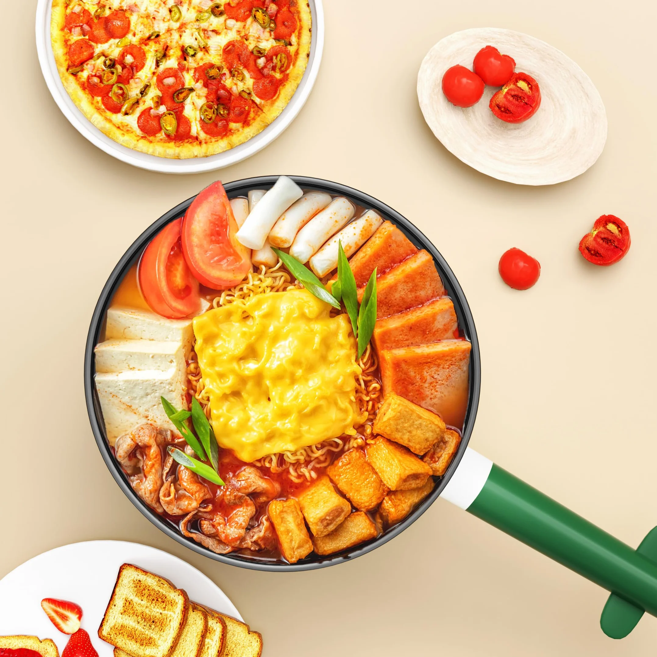 Pentola elettrica con vaporiera, padella antiaderente portatile con doppio controllo di potenza, cuocitore elettrico Shabu Shabu per noodle, farina d'avena, pasta, ramen, 1,5L (verde C)