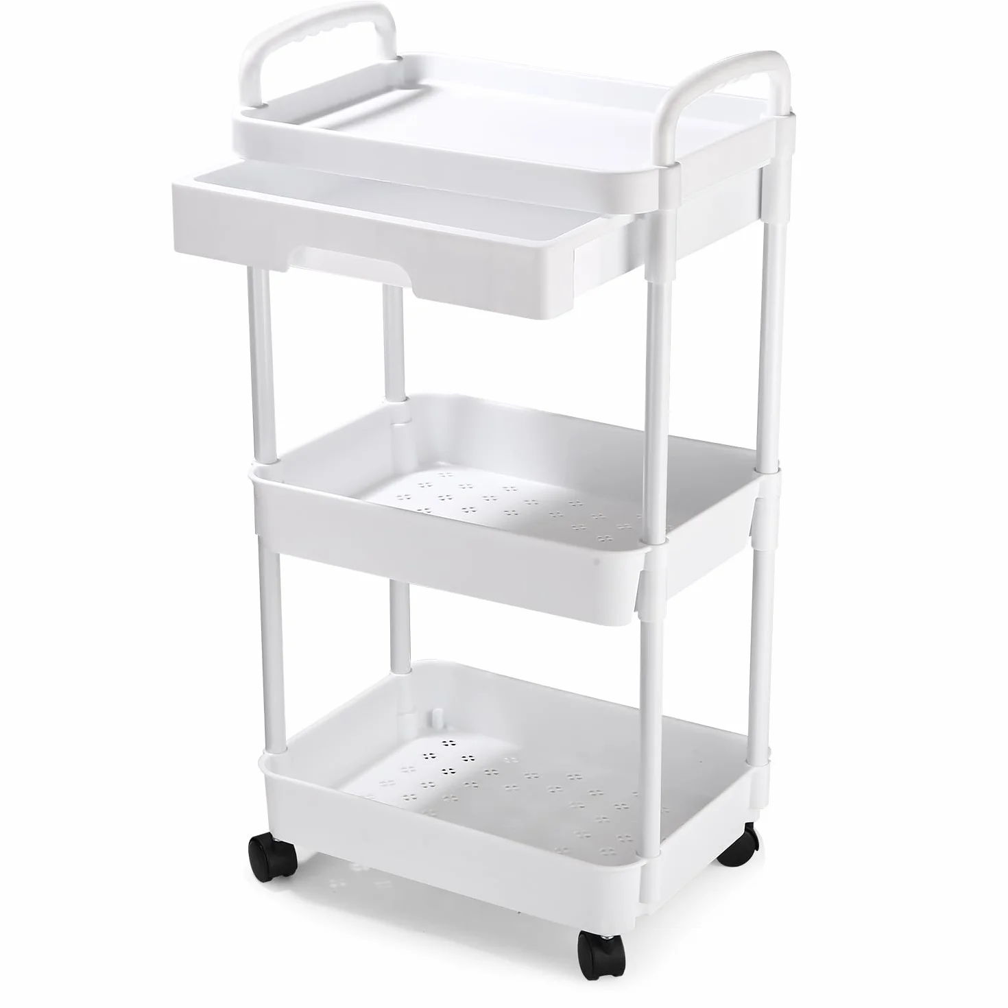 Carrello con Ruote Portatutto Cucina con Cassetto, Carrello Portaoggetti Multifunzionale con Maniglia, Gancio, Ruote Bloccabili, Carrellino per auto di Facile Montaggio per Bagno, Bianco