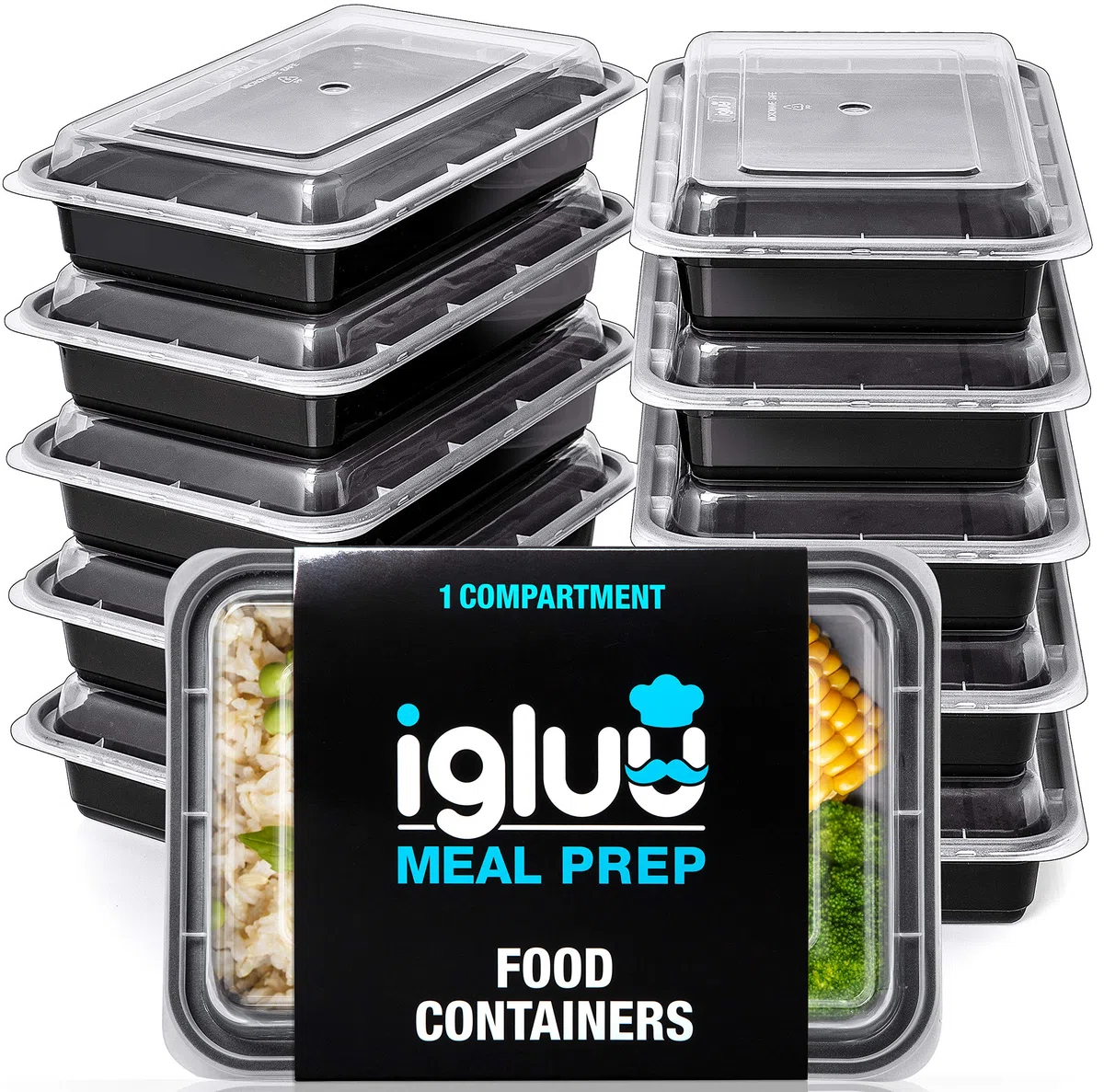 Igluu Meal Prep Contenitori per Alimenti in Plastica Riutilizzabili con Coperchi (Set da 10) – Impilabili, Microonde, Freezer e Lavastoviglie – 828 ml – 1 Scomparto – Senza BPA