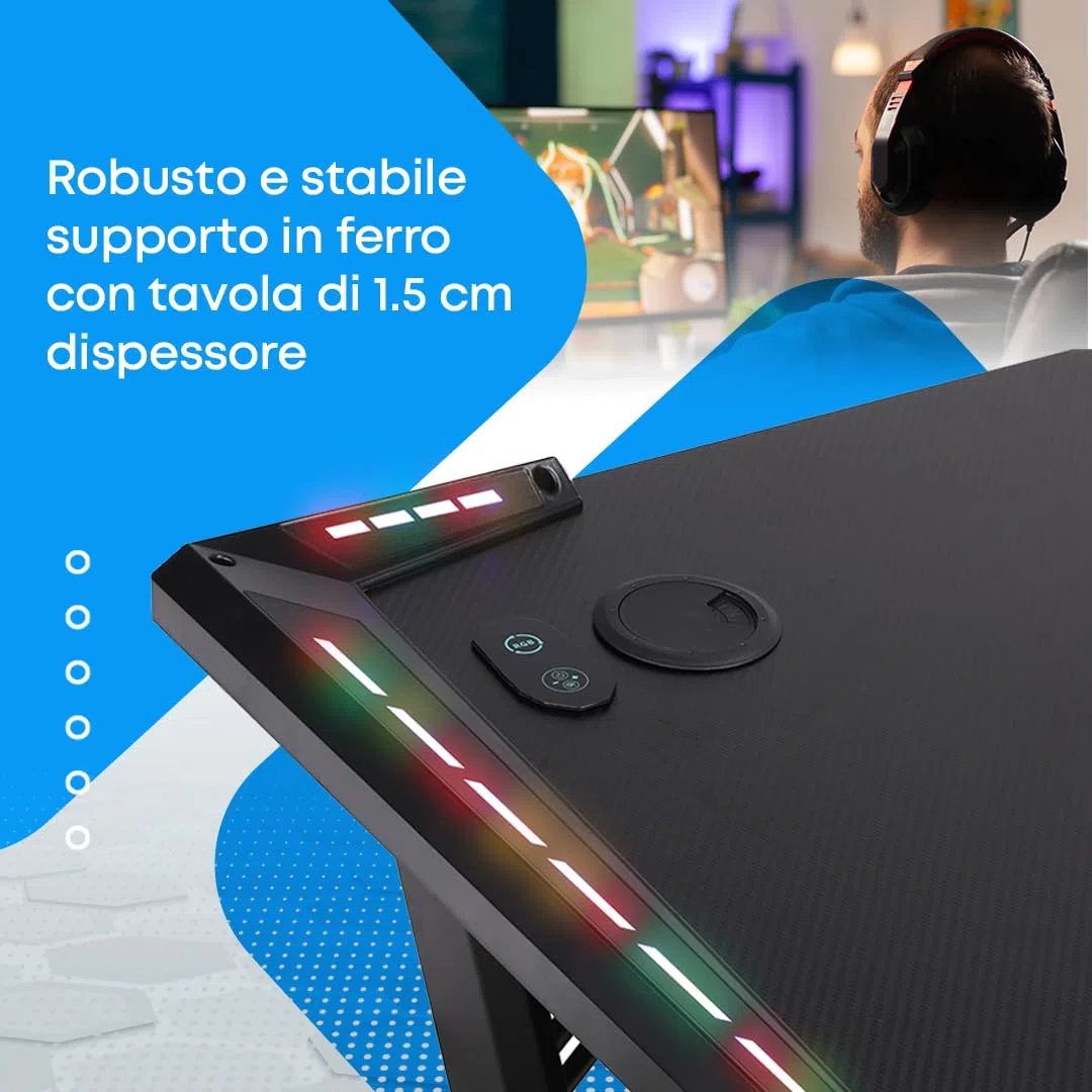 NK Scrivania Gaming LED Ergonomica (120X60cm) - Portabicchieri e Bottiglie, Supporto per Cuffie, Gestione dei Cavi, Scrivania Gaming, Tavolo 1.5cm (Resistenza) Peso Massimo Supportato 100kg - Bianco
