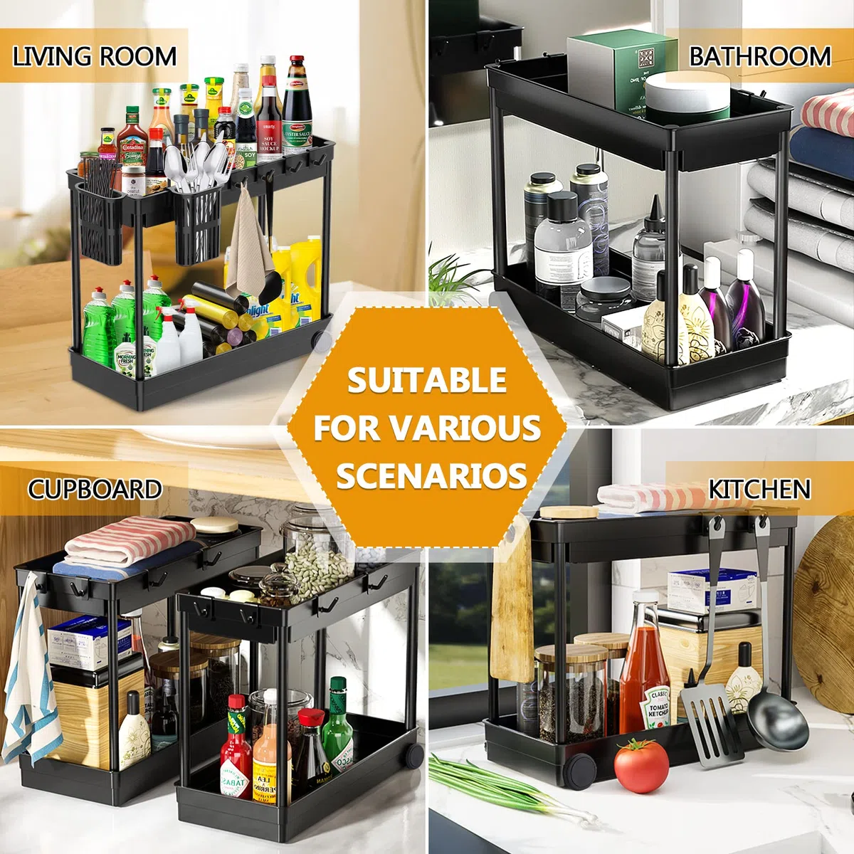 2 pezzi Organizer Sottolavello Cucina,Organizzatore sotto il lavandino a 2 livelli con 8 Ganci e 4 Tazza appesa porta detersivi sottolavello ripiani cucina salvaspazio Cucina Bagno Cosmetici