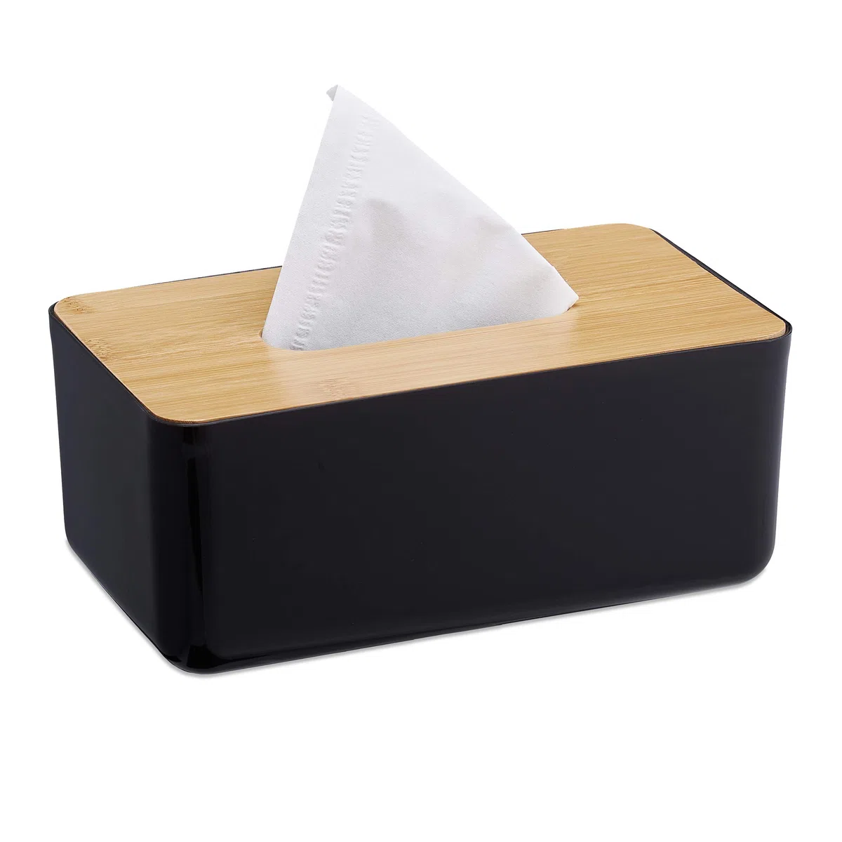 Relaxdays Porta Fazzoletti, Riutilizzabile, Portafazzoletti per Il Bagno, Coperchio in bambù, 10x23x13 cm, Nero/Naturale