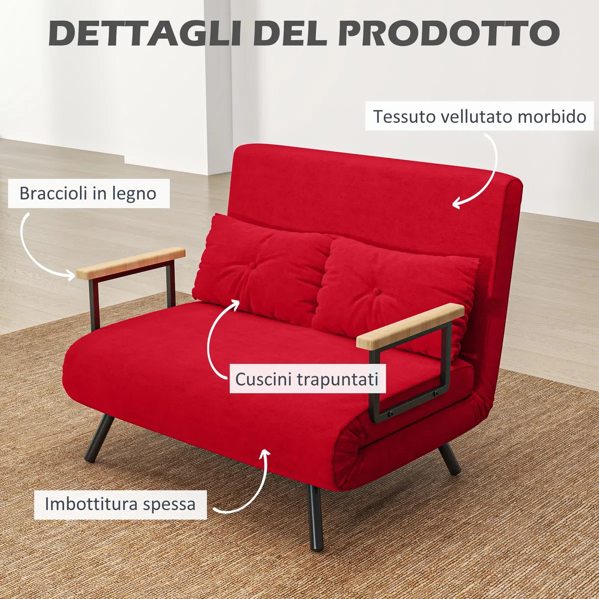 HOMCOM 4 in 1 Divano Letto 2 Posti, con Schienale Regolabile in 5 Posizioni, Divano Letto Matrimoniale Pieghevole con 2 Cuscini, Seduta Imbottita, in Velluto per Casa e Ufficio, 102x73x81 cm, Rosso