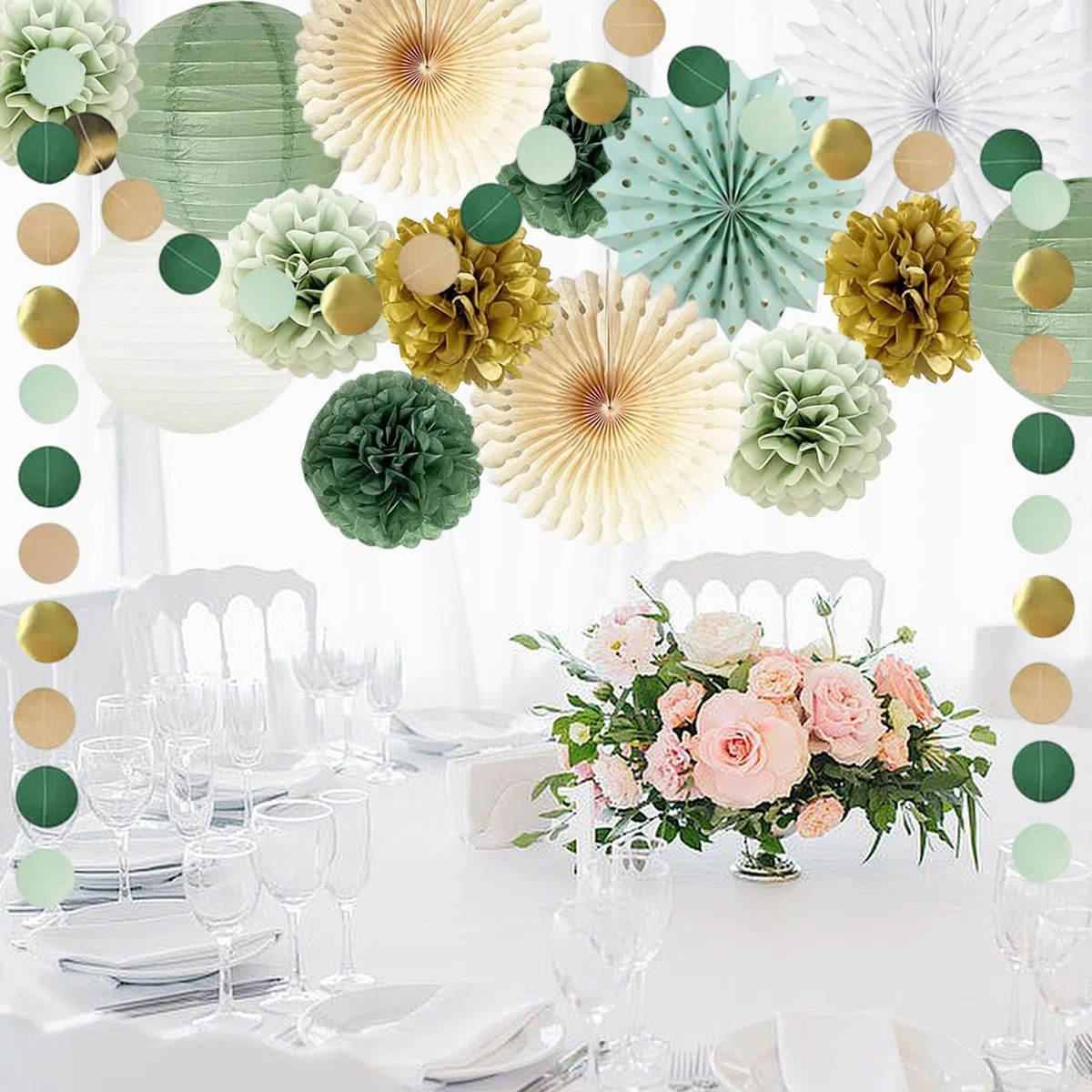 Pompon di Carta Velina,Forniture per Feste,Decorazioni Compleanno,Decorazioni Pompon,Decorazionis Festa Verde Salvia,Puntini Ghirlanda Verde Salvia,Fiori di Carta per Decorazionis Compleanno