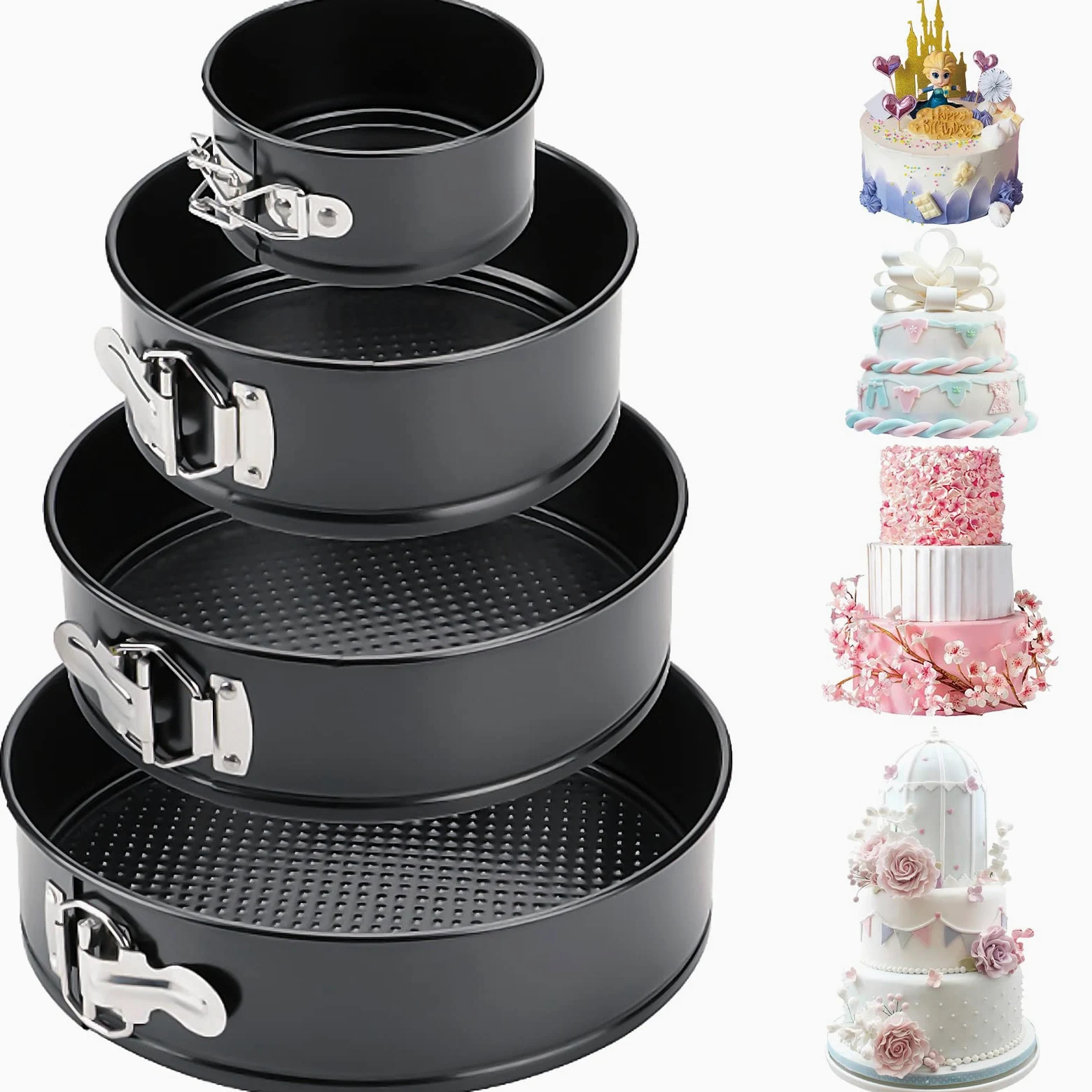 Amzeeniu Stampo per cerniera, set di 4 12/18/22/26 cm, stampo per torta rotondo professionale e utensili da cucina, fondo rimovibile antiaderente Leakproof regolabile il set, pizza e quichesacciaio al