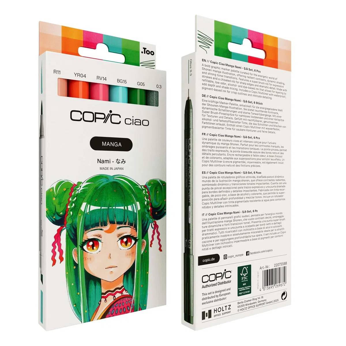 Copic Ciao MANGA - Set di pennarelli Nami, con 5 tonalità brillanti di verde e blu, con 1 multilino da 0,3 mm in verde, Twin Marker con una punta media e una spazzola