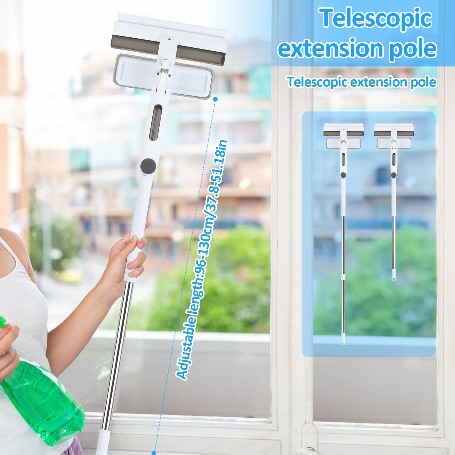 Telescopico lavavetro, Lava Vetri Finestre, Spazzola con Spray, Lavavetro in Silicone con Vaschetta Raccogli Acqua Integrata, Professionale con 5 Panni in Microfibra