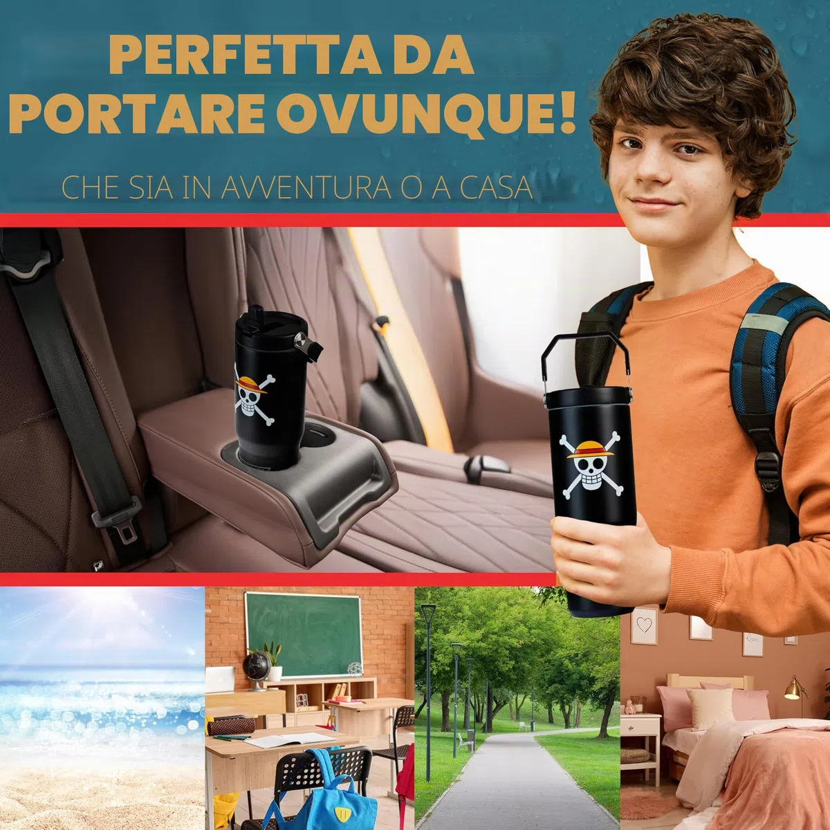 Get Trend One Piece Bicchiere Termico con Cannuccia e Maniglia, Metallo Tazza da Viaggio 850ml, Isolamento Termico Sottovuoto a Doppia Parete (Nero One Piece)