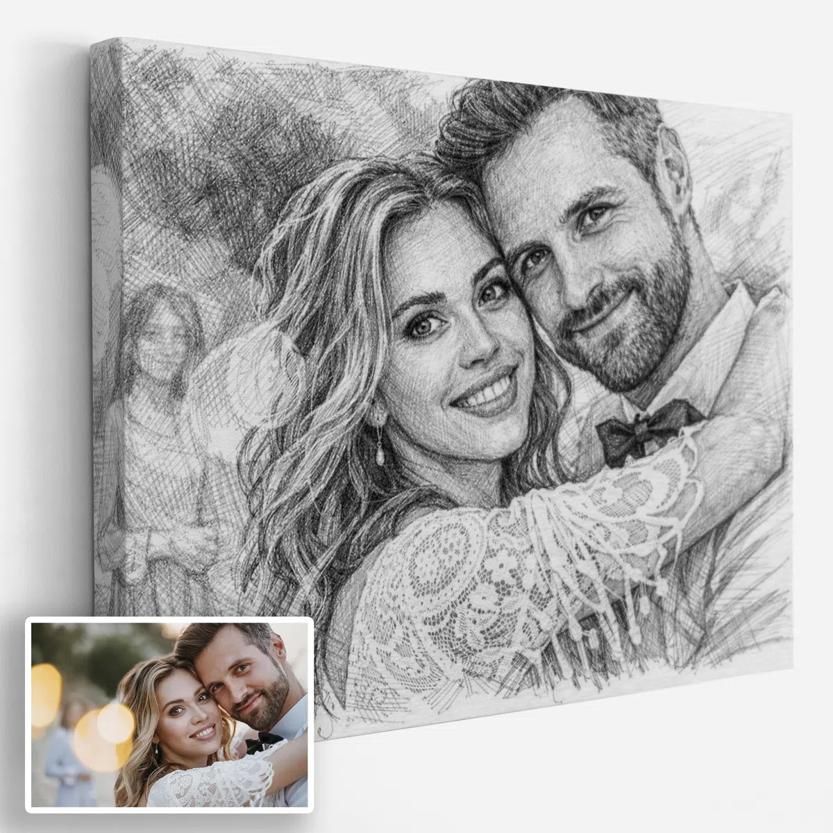 Triangle Déco Ritratto personalizzato da foto disegno artistico matita grafite Poster Tela Plexiglas o Quadro formato paesaggio – Regalo personalizzato Natale compleanno coppia famiglia amici