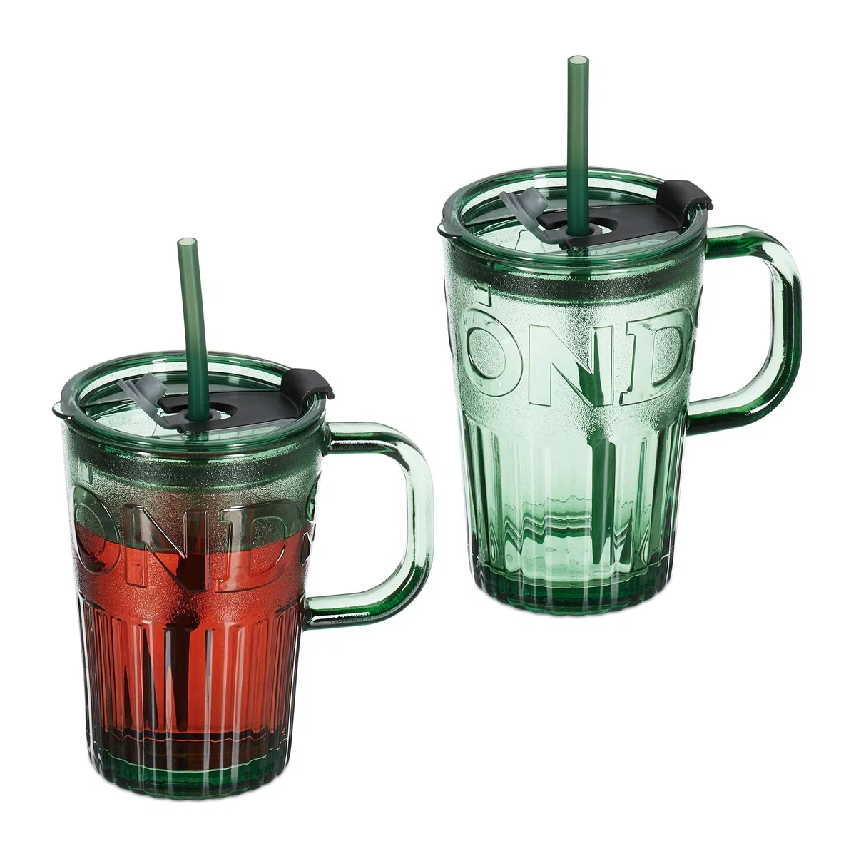 Relaxdays Set da 2 Tazze per Bevande, Bicchieri in Vetro per Frullati, con Coperchio Cannuccia e Manico, 450 ml, Verde