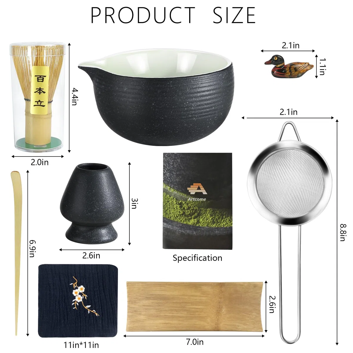 Artcome Bluestone Glaze Kit per Cerimonia del Tè Giapponese, Ciotola con Beccuccio Versatore, Frusta, Paletta, Colino in Polvere, Set per Preparare Usucha, Koicha e Matcha