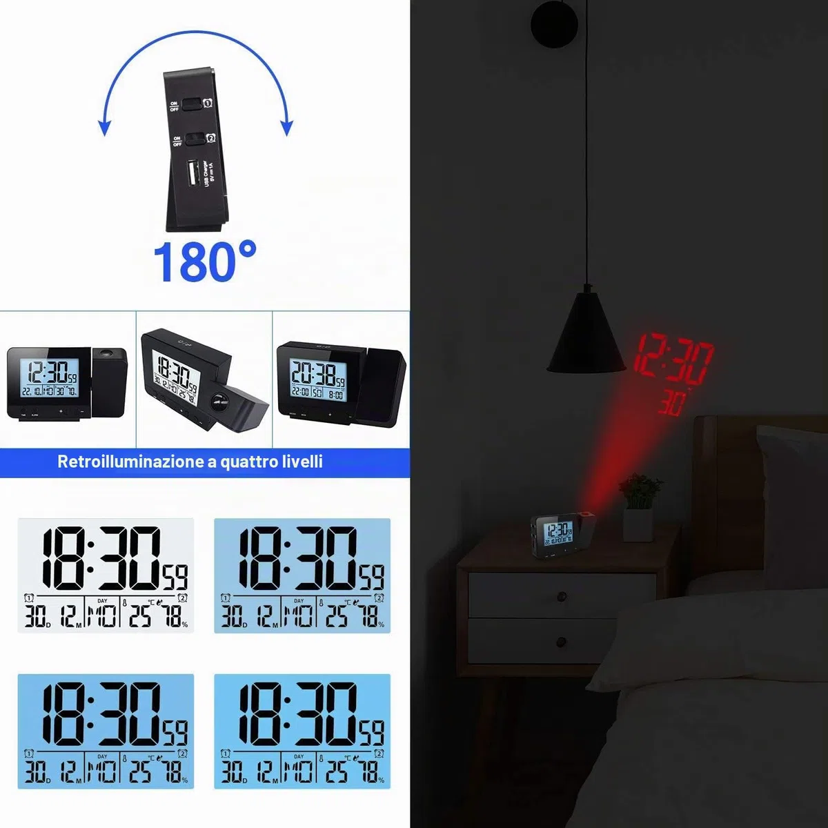 Houkiper Sveglia con Proiettore, Sveglia Digitale Da Comodino a Pile Sveglia Luminosa, Orologio Digitale Da Comodino Oorologio Con Proiezione Ora Temperatura Soffitto (nero)