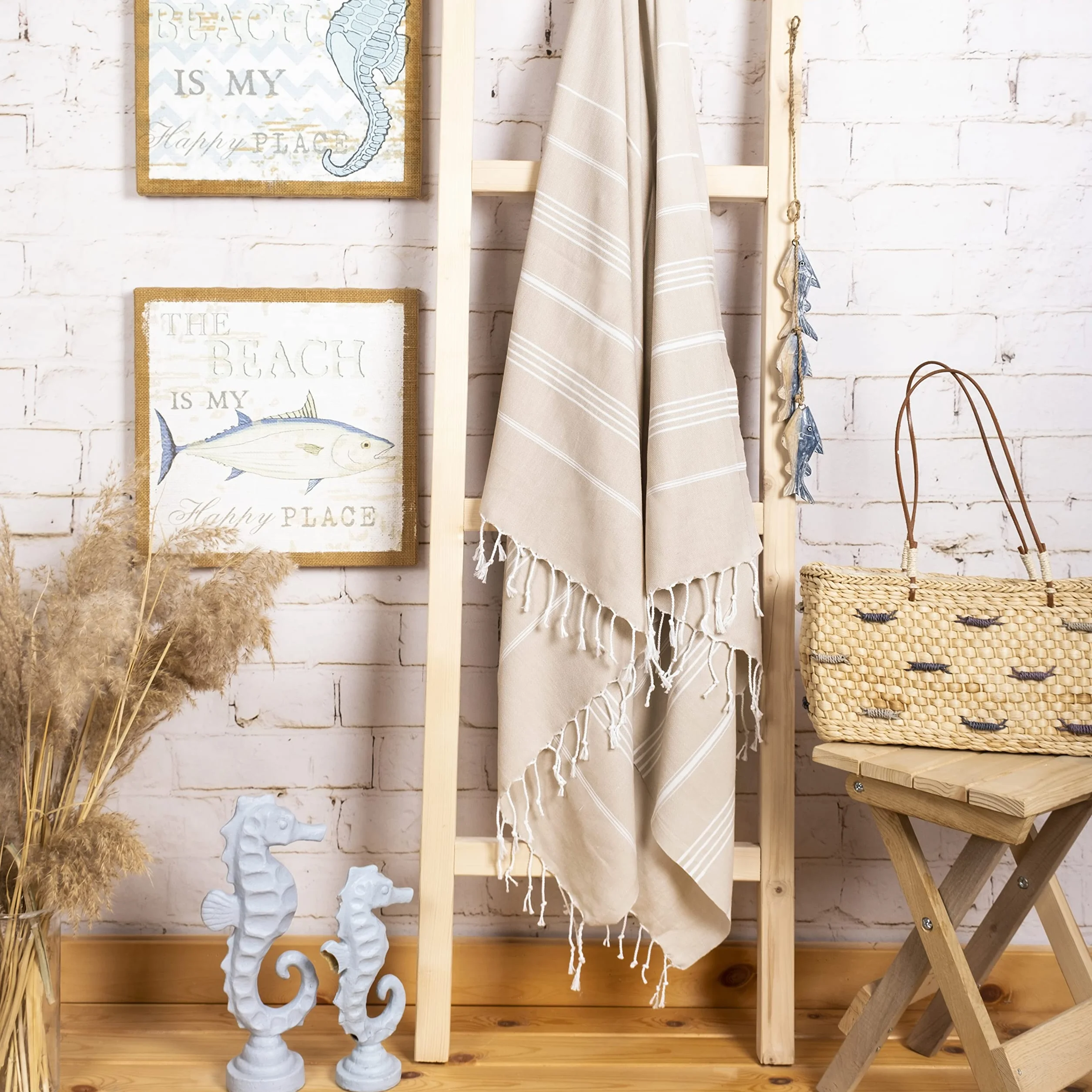 LAYNENBURG Set di 2 telo mare premium con frange annodate a mano - 100% cotone Telo fouta hammam XXL 100x200 cm - OEKO-TEX 100 - telo hamam grande - asciugamano sauna e pestemal (Beige)