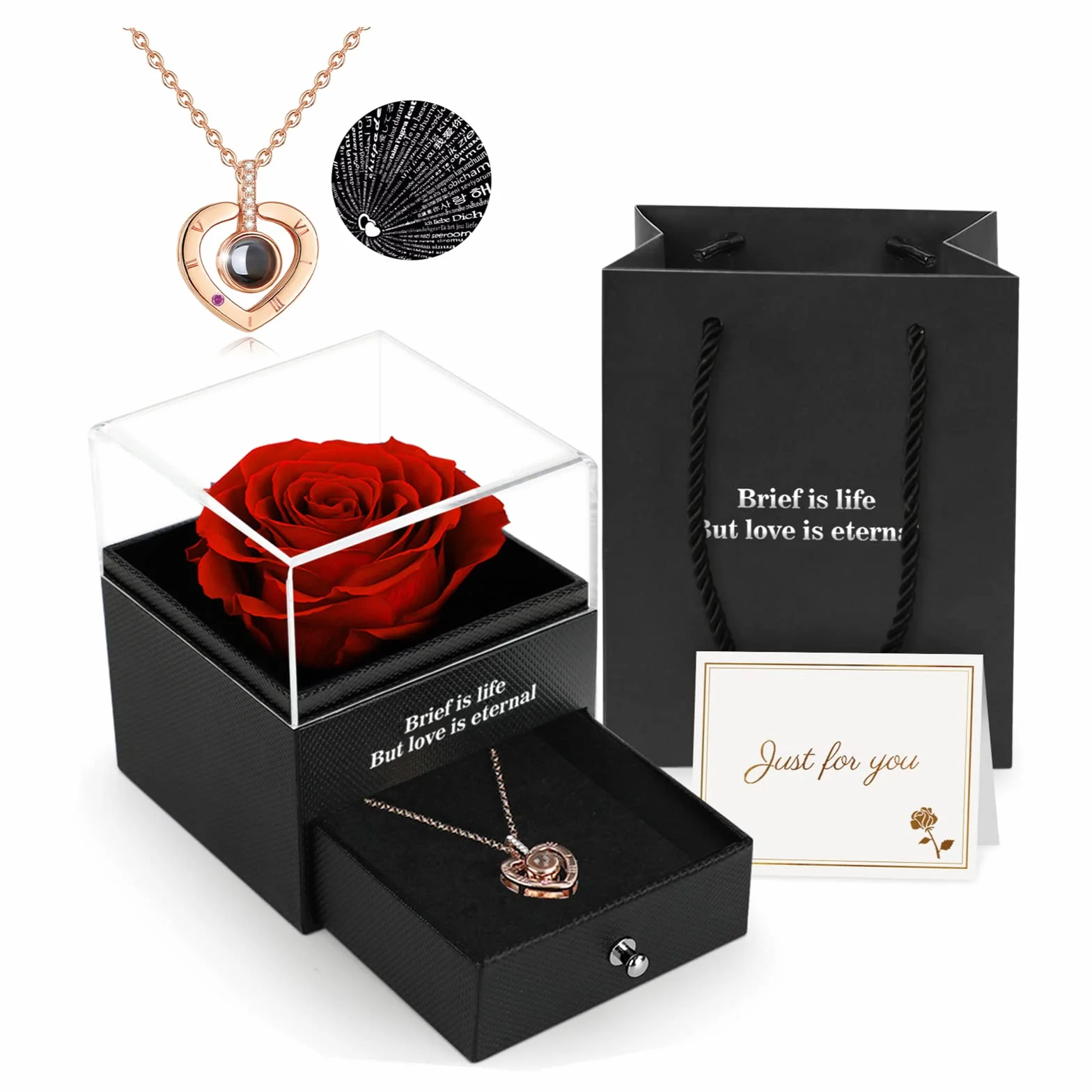 Rosa Stabilizzata Vera, Con Collana I Love You, Regalo Fatto a Mano Con Vera Rosa Eterna Per la Sua Donna,Moglie,Fidanzata,Madre,Per Compleanno,Anniversario,San Valentino,Festa Della Mamma,Natale