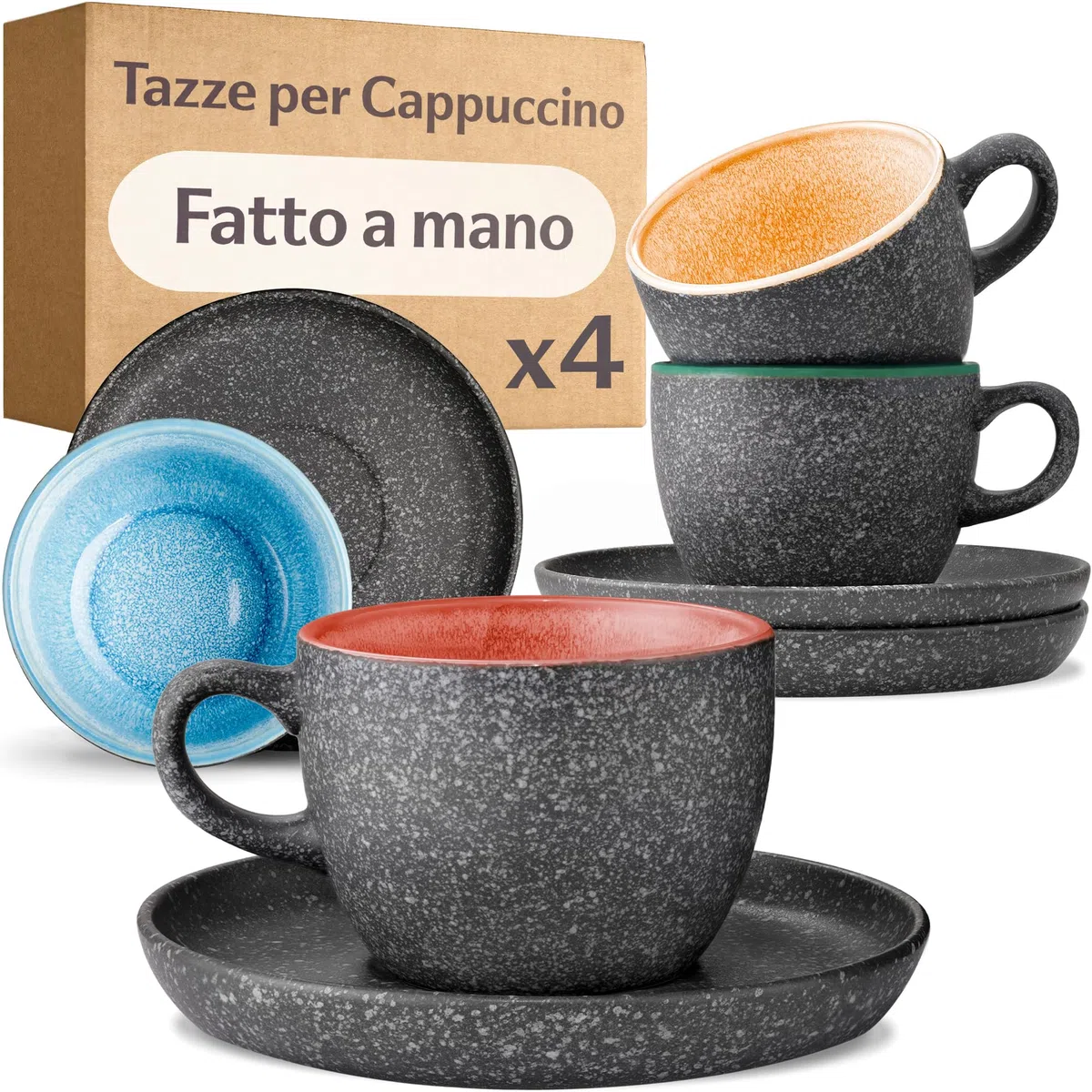 Cosumy Set di 4 Tazze per Cappuccino in Ceramica con Piattini - 200ml - Gres Spesso con Smalto Reattivo Artigianale – Mantiene il Calore a Lungo (Colorato)