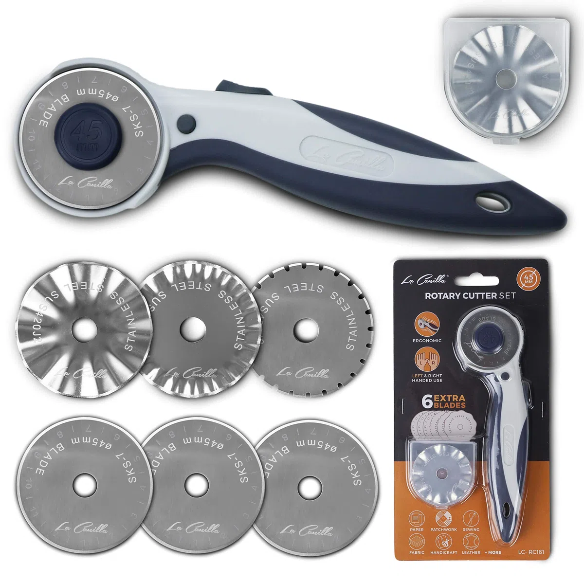 La Canilla Cutter per Tessuti Circolare 45mm, Patchwork, Sarta, DIY, Scrapbooking Taglierina di Precisione con 6 Lame di Ricambio
