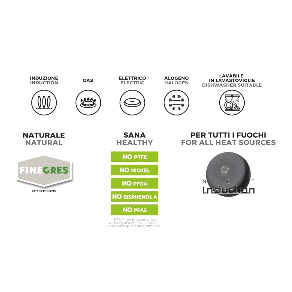 Moneta Futura casseruola 1manico, 16cm, rivestimento naturale FineGres (NO PFAS), anche per induzione. 100% Made in Italy