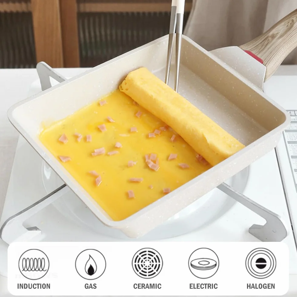 Padella per Omelette Giapponese, Padella Tamagoyaki con Spatola in Silicone, Pentole Rettangolare per Frittata per Induzione e Gas (Bianco)