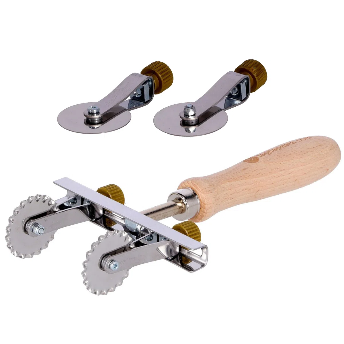 Tagliapasta Rotella Taglia Pasta Sfoglia Fresca | 2 Lame Lisce Regolabili + KIT Risparmio 2 Lame Dentate | Diametro 36mm in acciaio INOX e Impugnatura in Legno