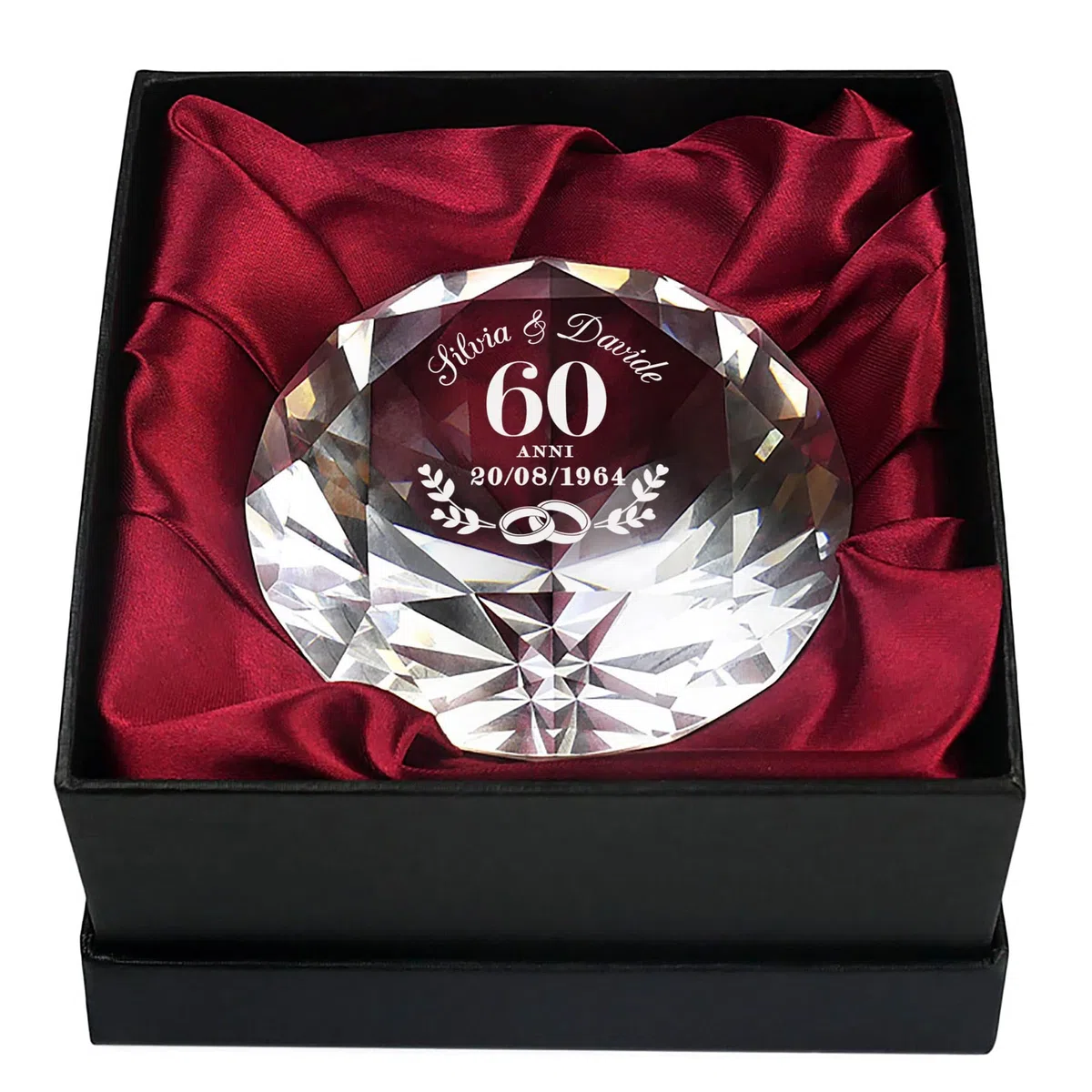 Casa Vivente Cristallo in Vetro a Forma di Diamante, Incisione Personalizzata 60° Anniversario di Nozze con Nomi e Data, Accessori Decorativi Casa