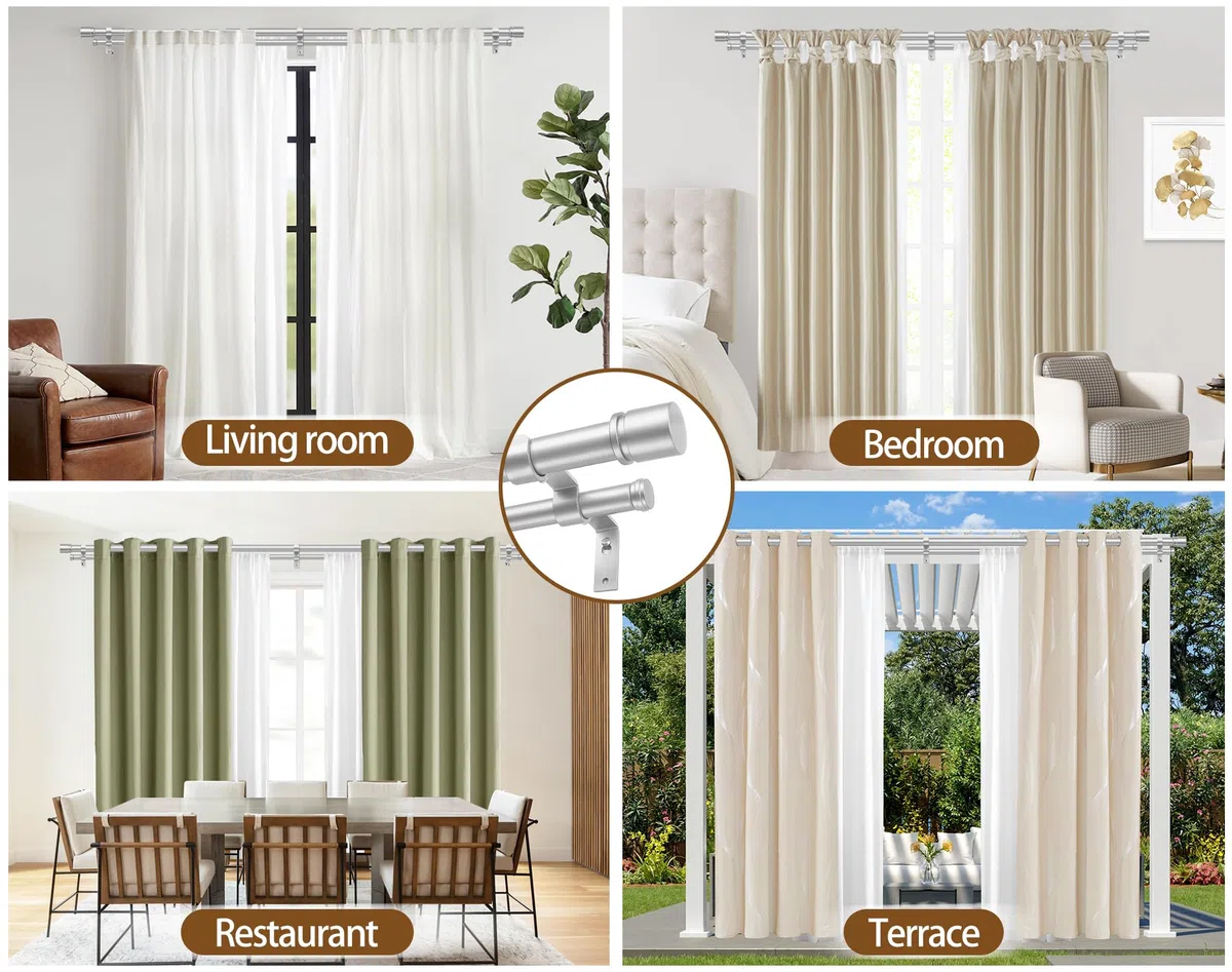 HOTOZON Bastone da Tenda Doppio 80-365 cm, 25 mm Bastone Tenda Doppio Argento Estensibile, Aste per Tende con Finali Semplici con Staffe per Interni, Cucina, Camera da letto