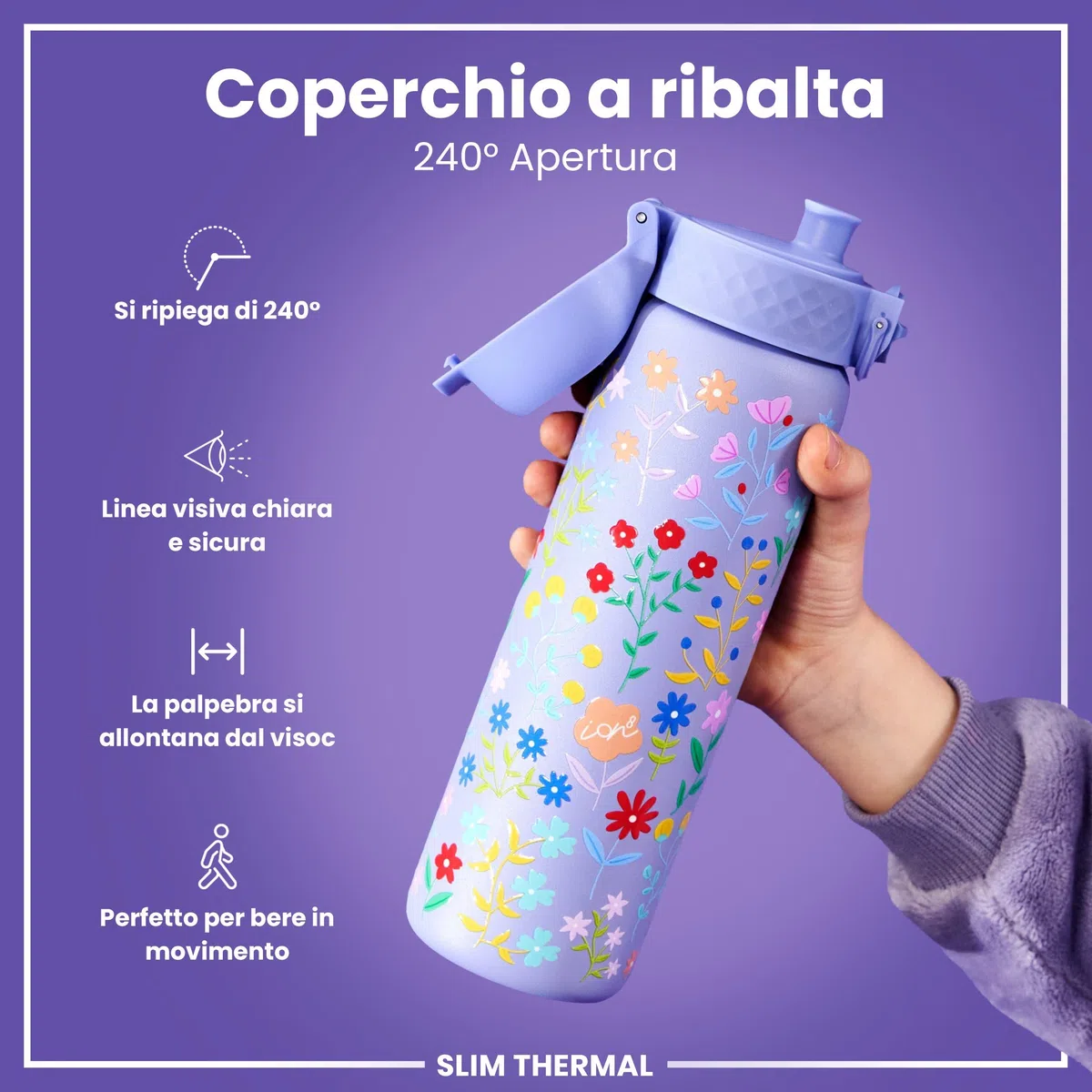 Ion8 Borraccia Termica in Acciaio Isolato, 500ml, a Prova di Perdite, Facile da Aprire, Serratura Sicura, Lavabile in Lavastoviglie, Maniglia per il Trasporto, Facile Pulizia,Floreale Delicato