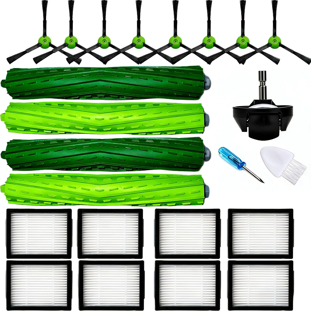 Accessori Kit per iRobot Roomba e5 e5154 e6 Combo i5 J5+ i7 i7156 i1 i3+ EVO i4 Combo i8 +, 8x Filtri, 4x Rullo Spazzole,8x Spazzola Laterale 1x Ruota Ricambio