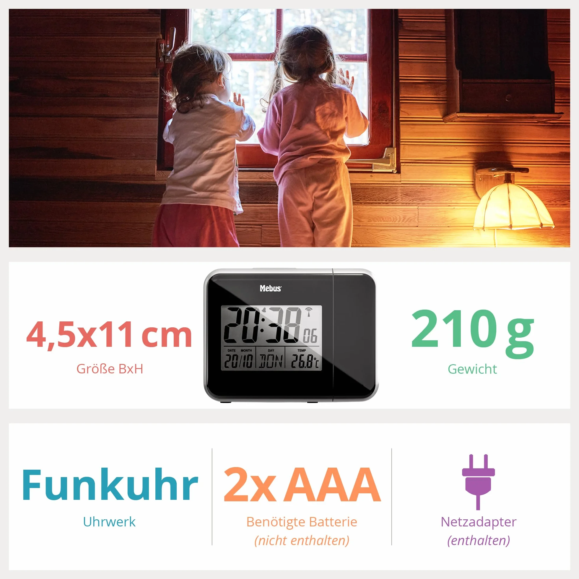 MEBUS digitaler Funkwecker mit Projektion der Uhrzeit an Decke Wand, INKL. Netzstecker, Batteriebetrieb Möglich, Dauerprojektion, schwenkbar, Thermometer/Farbe: Schwarz/Modell: 42425