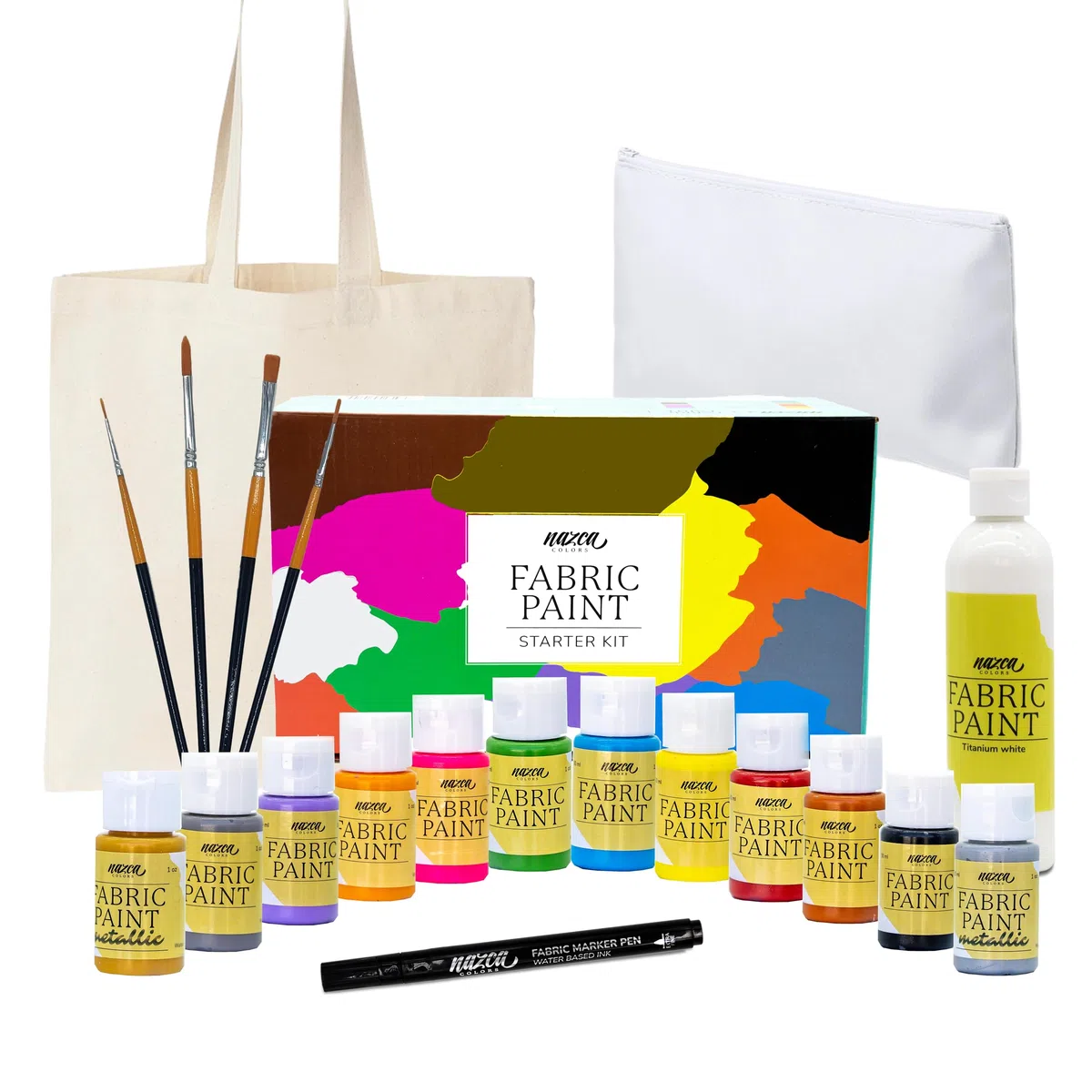 Nazca Colors Fabric Paint Starter Kit - Set Pittura per Tessuti 10 Colori + Oro e Argento (30ml), Barattolo Bianco 100ml, Pennarello Nero per Stoffa, 4 Pennelli, Borsa Toilette e Tote Bag