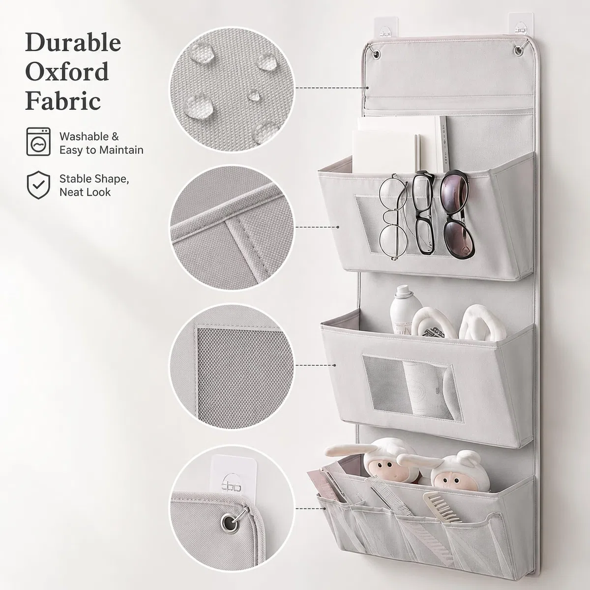 Organizer da appendere a 3 strati, 40 x 90 cm, organizer per porta senza fori, per bagno e guardaroba, organizer da parete pieghevole in tessuto Oxford con 3 tasche, 2 ganci, portaoggetti