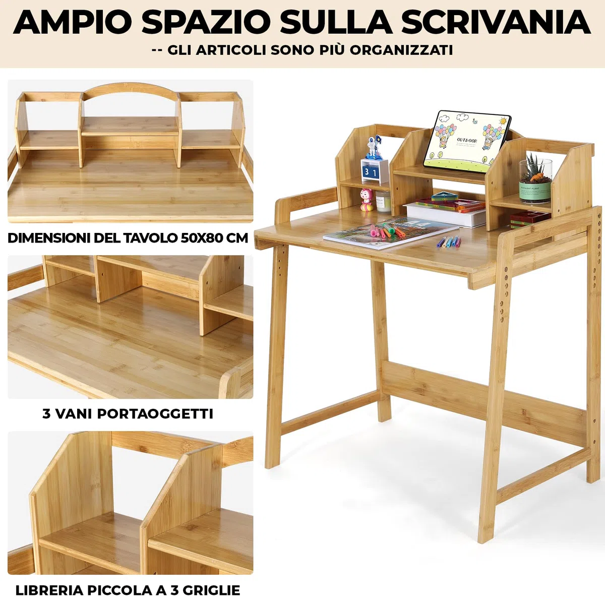 Scrivania per bambino Regolabile in Altezza, con Sedia, in Legno di Bambù, Supporto per Libri, Set da Scrivania, Colore Naturale