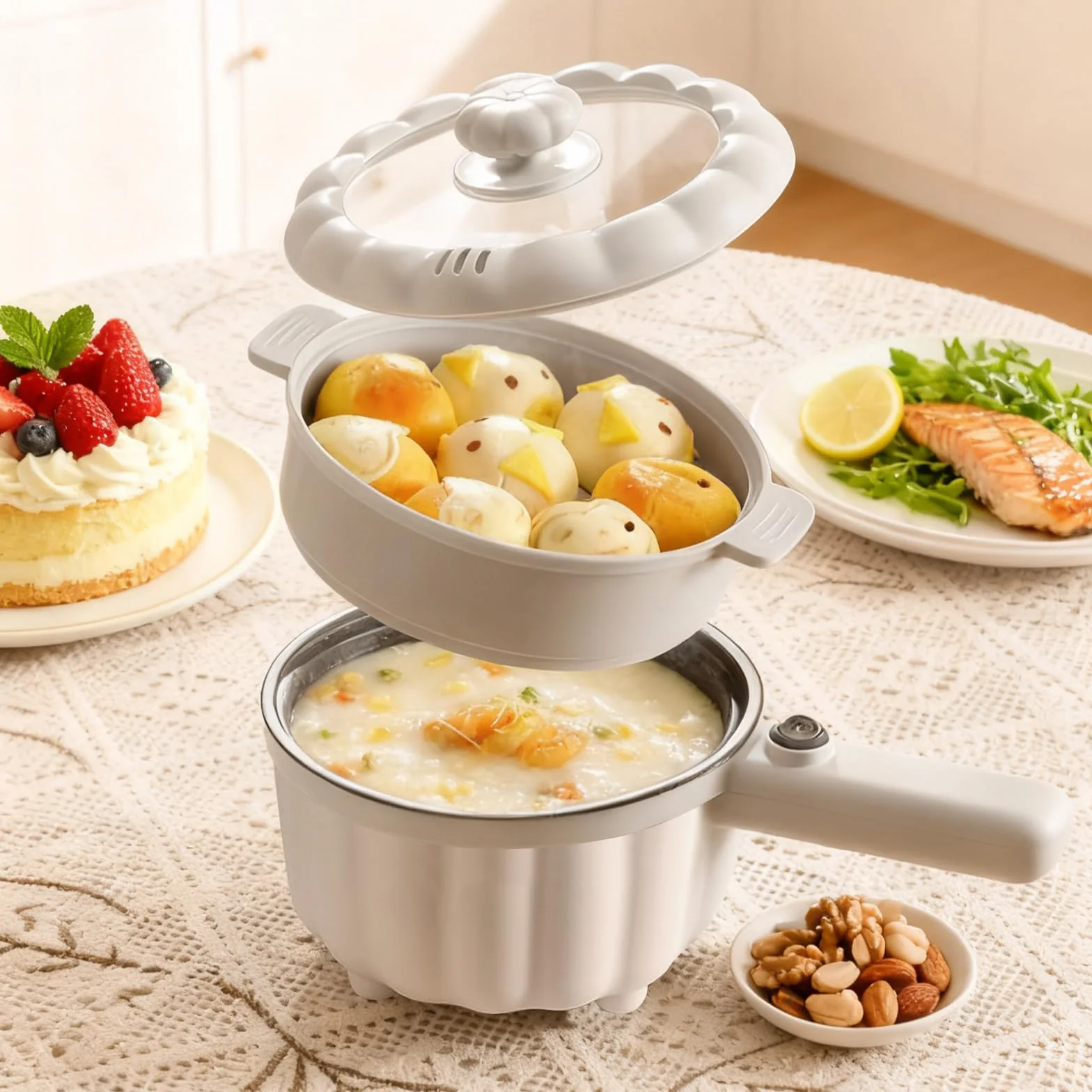 Hot Pot - Pentola elettrica da 2 l, con piroscafo, mini pentola elettrica antiaderente, mini pentola elettrica antiaderente, per casa, ufficio, dormitorio