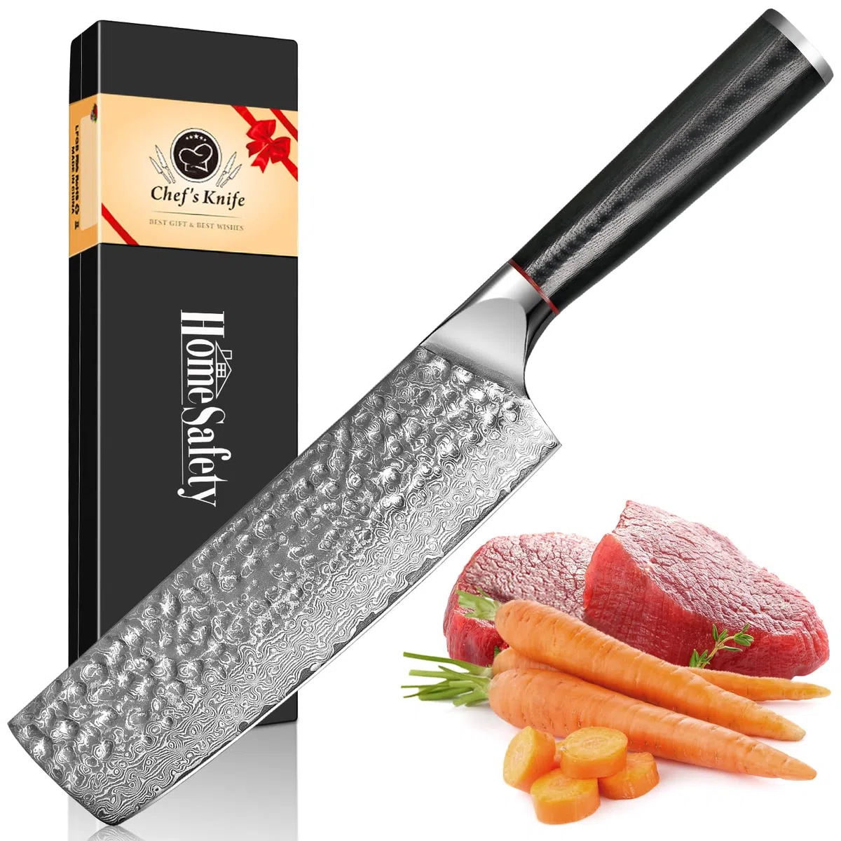 Home Safety Mannaia Cinese Damasco 17,4 cm 67 Strato VG-10 Acciaio di Damasco, Coltello Professionale per Carne con Impugnatura Ergonomica