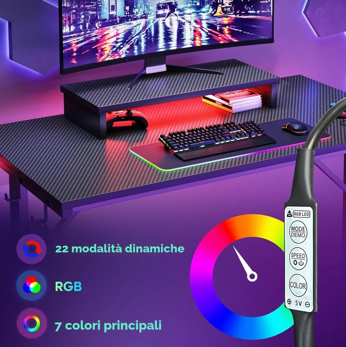 Bestier Scrivania da Gioco LED per PC con Supporto per Monitor, Tavolo Stabile per Computer con Portabicchieri e Gancio per Cuffie, 106 cm (Nero)