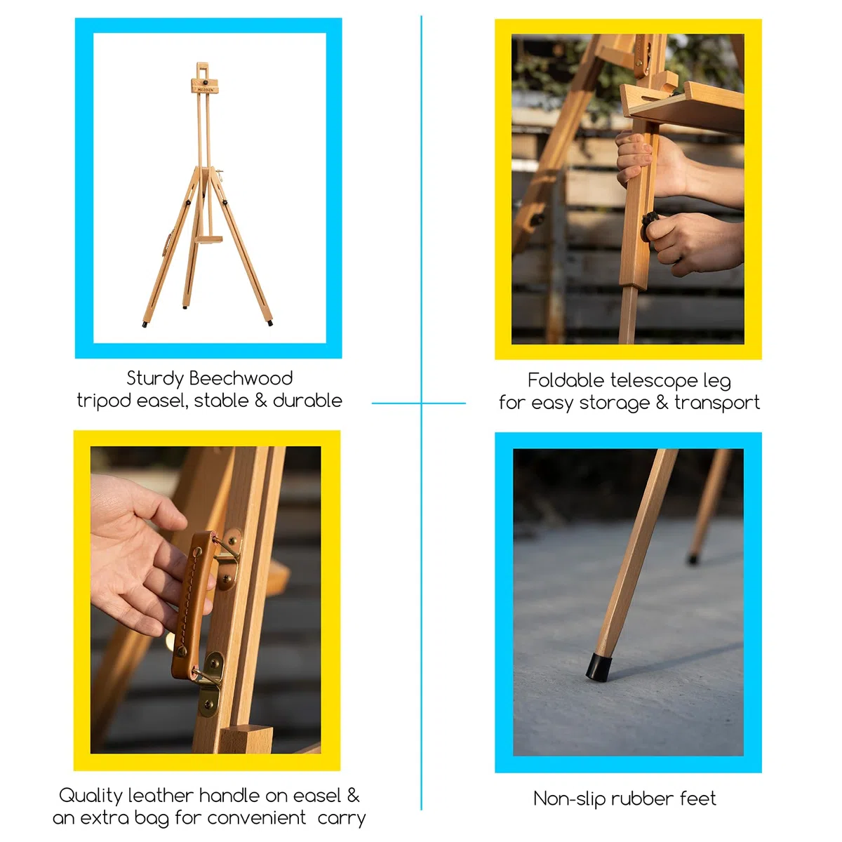 Meeden, cavalletto a treppiede per pittura, universale, regolabile, portatile, in legno di faggio, perfetto per pittori, studenti e artisti di paesaggio, può contenere tele fino a 111,8 cm