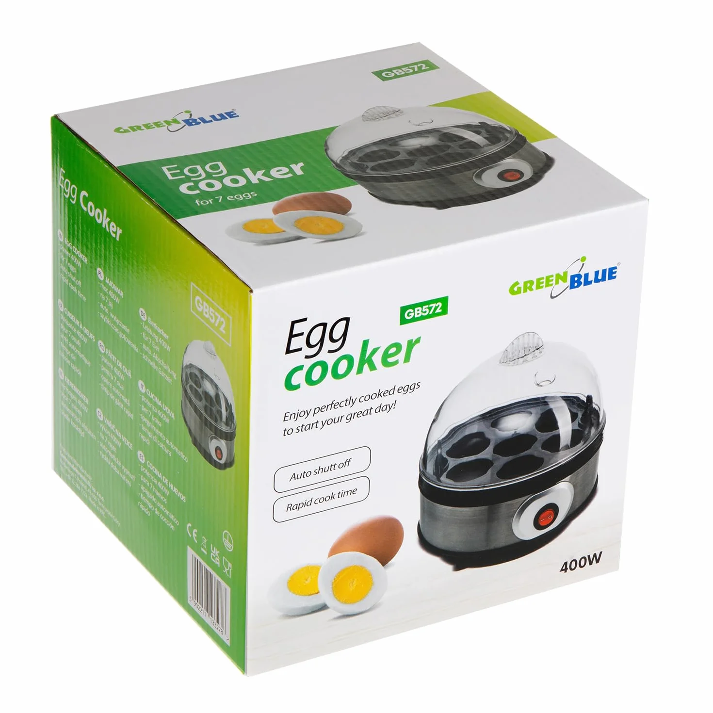 Cuociuova automatico GreenBlue, potenza 400W, fino a 7 uova, misurino, 220-240V~, 50 Hz, GB572 3 Livelli di Cottura Coque Medio e sodo