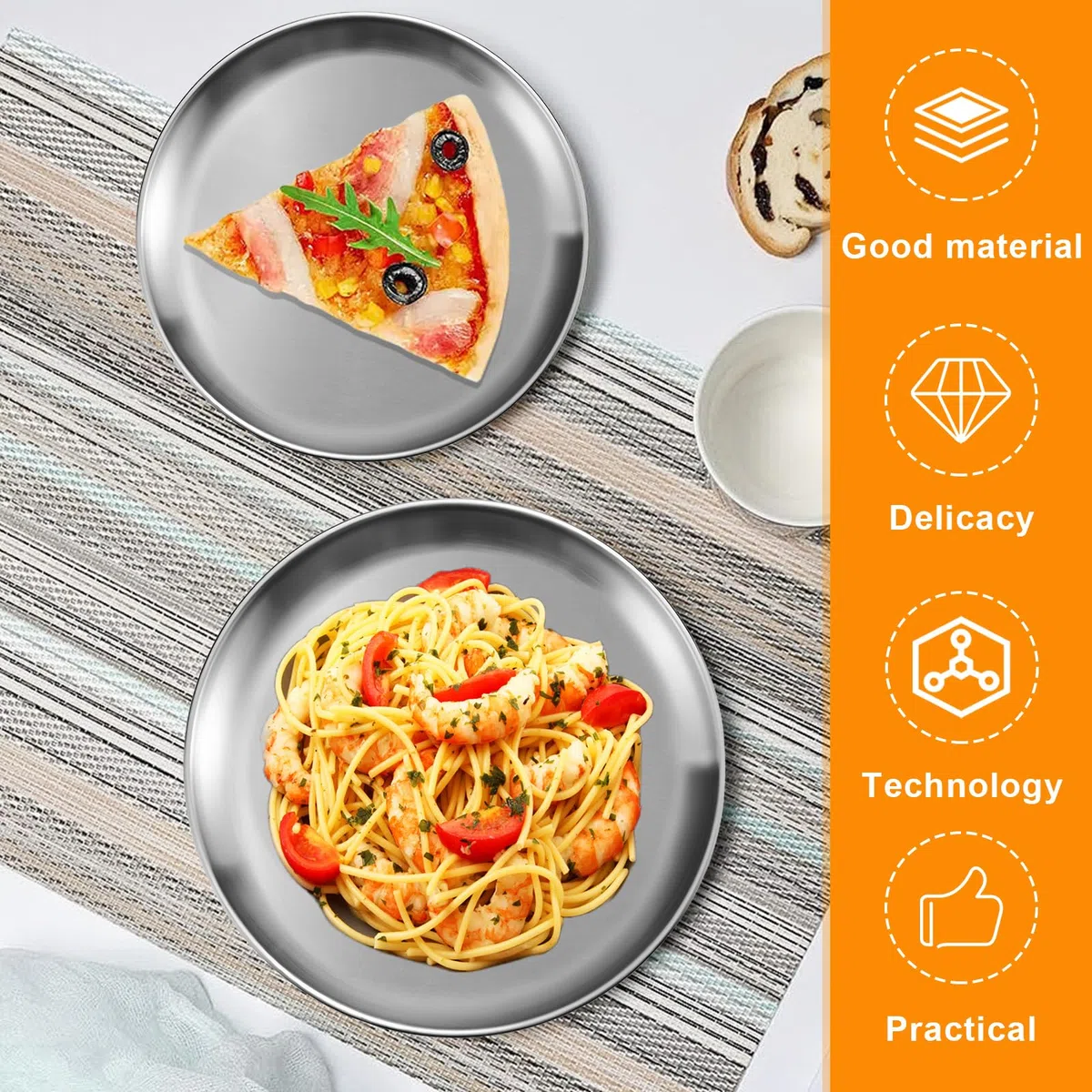 Bordeag Piatti Rotondi in Acciaio Inox 30cm, Set da 4 per Cucina, Pranzo, Campeggio, Feste