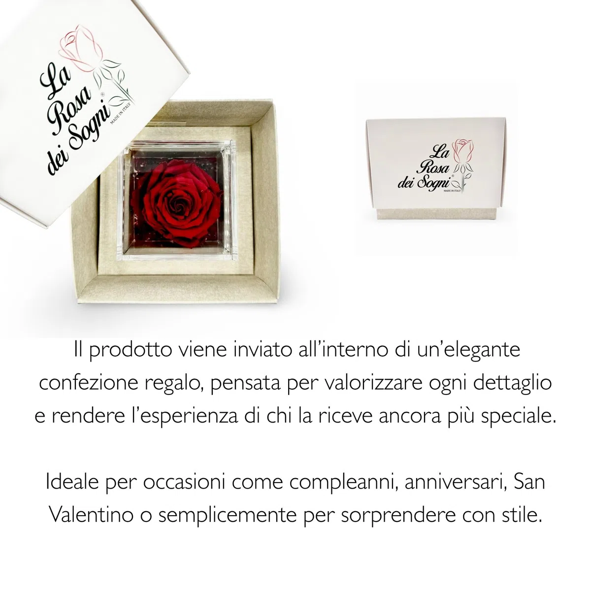 Rosa Stabilizzata Profumata con Petali in gel in Cubo Trasparente - Confezione Regalo Elegante - Durata 5-7 anni - Made in Italy - 5x5 cm (Rosso)