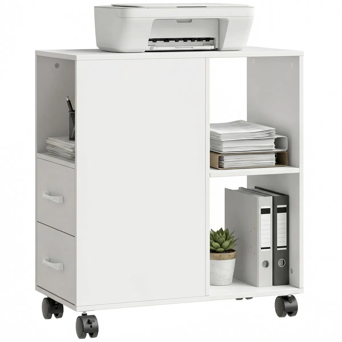 HOMCOM Mobile Porta Stampante a Rotelle con 2 Cassetti, Vano Aperto e Ripiano Regolabile, Mobile Stampante per Documenti da Ufficio e Studio, 60x30x65 cm, Bianco