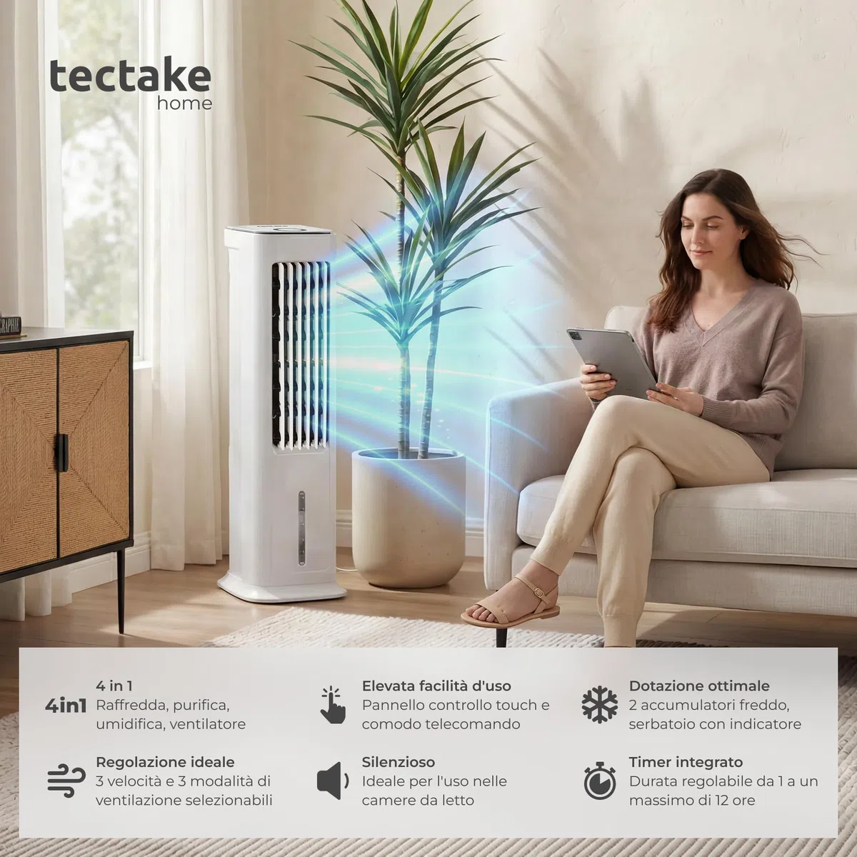 tectake® Raffrescatore d'aria 4in1, Condizionatore Portatile, Serbatoio 5L, 2 Siberini, Ventilatore a Torre, Purificatore, 3 Modalità, Telecomando Timer, Climatizzatore Portatile Silenzioso - Bianco