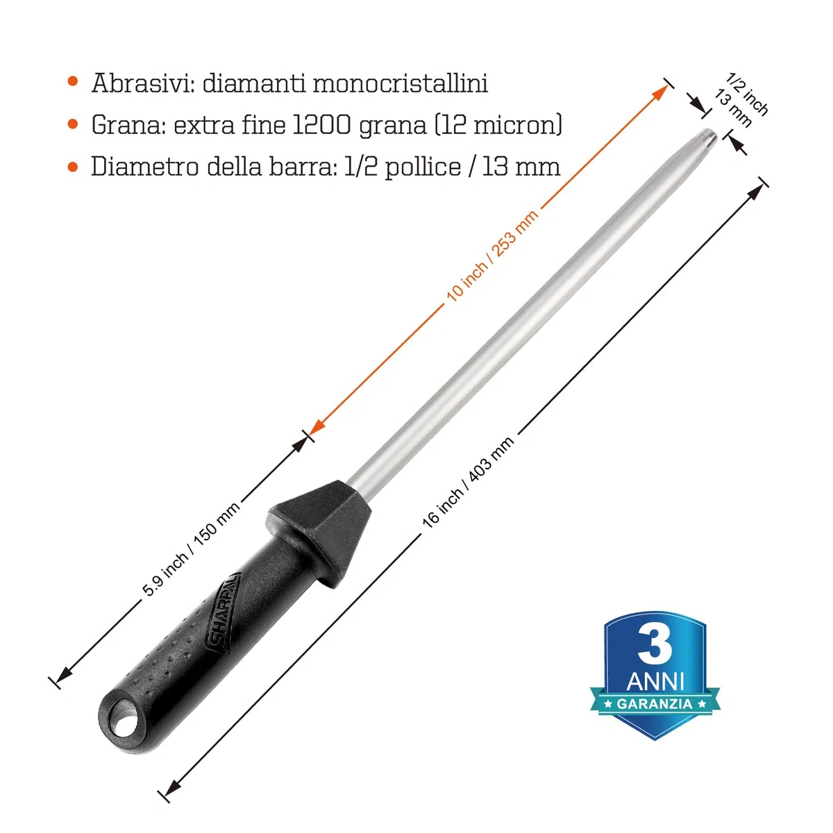 SHARPAL 119N 25cm barra di affilatura per coltelli diamantata, acciaio per levigatura (rivestimento diamantato)