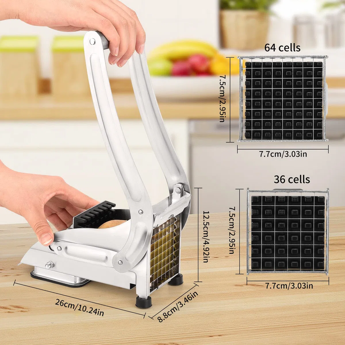 Taglia Patate, Taglierina per Patatine Fritte, Tagliapatate in Acciaio Inox, Affettatrice Manuale con Lame, Tecnologia Antiscivolo Taglia Verdure, Taglierino Professionale, Accessori per Friggitrice