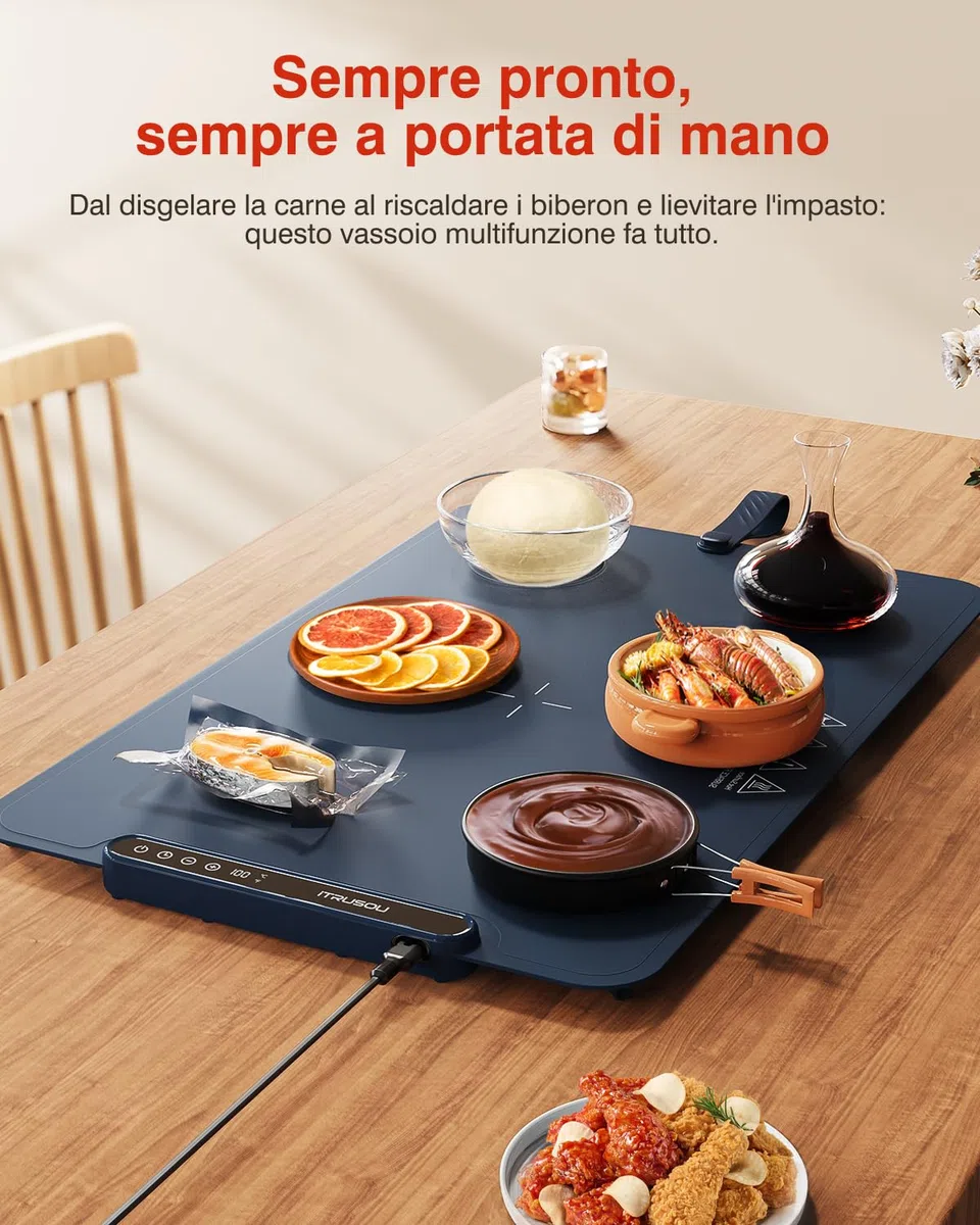 Scaldavivande, vassoio riscaldante, arrotolabile e portatile,Nano-materiale in silicone premium, Piastra Riscaldante per Alimenti iTRUSOU, Tappetino Elettrico con Timer 1-99H, 7 Temperature