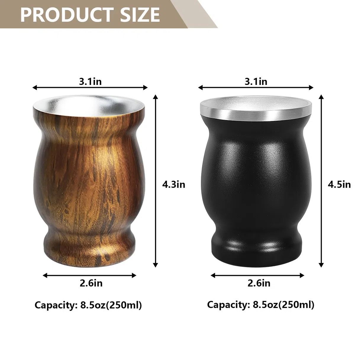 Artcome Set di 8 tazze in acciaio inox per Yerba Mate, 2 tazze da 240 ml in acciaio inox a doppia parete (nero e legno), 4 bombillas (cannuccia Yerba Mate), 2 spazzole, facili da pulire, solide e
