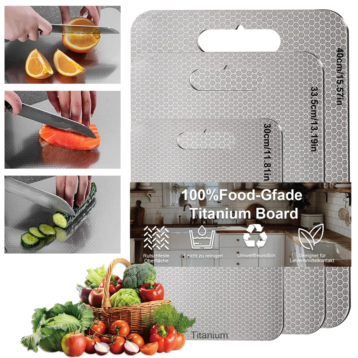 Set di 3 taglieri da cucina in titanio al 100% - nuova versione, resistente ai graffi, a doppia faccia, senza BPA - Scelta igienica e durevole per la cucina moderna