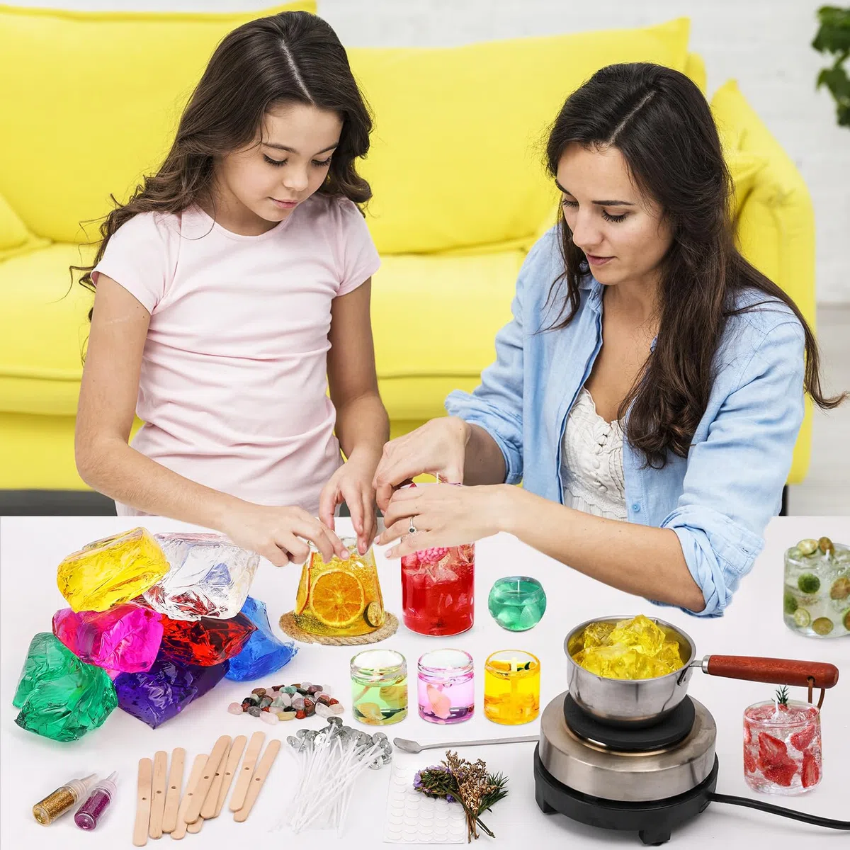 Blingfun Kit Completo per Candele in Gel - 9 Barattoli di Cera Gel -7 Colori con Stoppini, Adesivi, Supporti in Legno - Set DIY per Creare Candele Trasparenti Profumate - Ideale Regalo Creativo