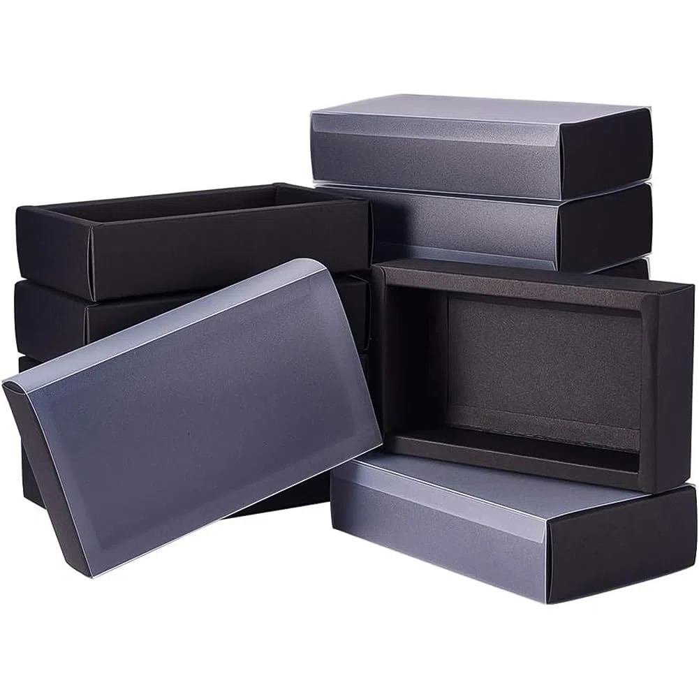 BENECREAT 12 Pezzi Scatola di Cartone Rettangolare Nera Kraft Scatola da 17x10x4cm con Coperchio in Plastica Opaca per Feste, Regali