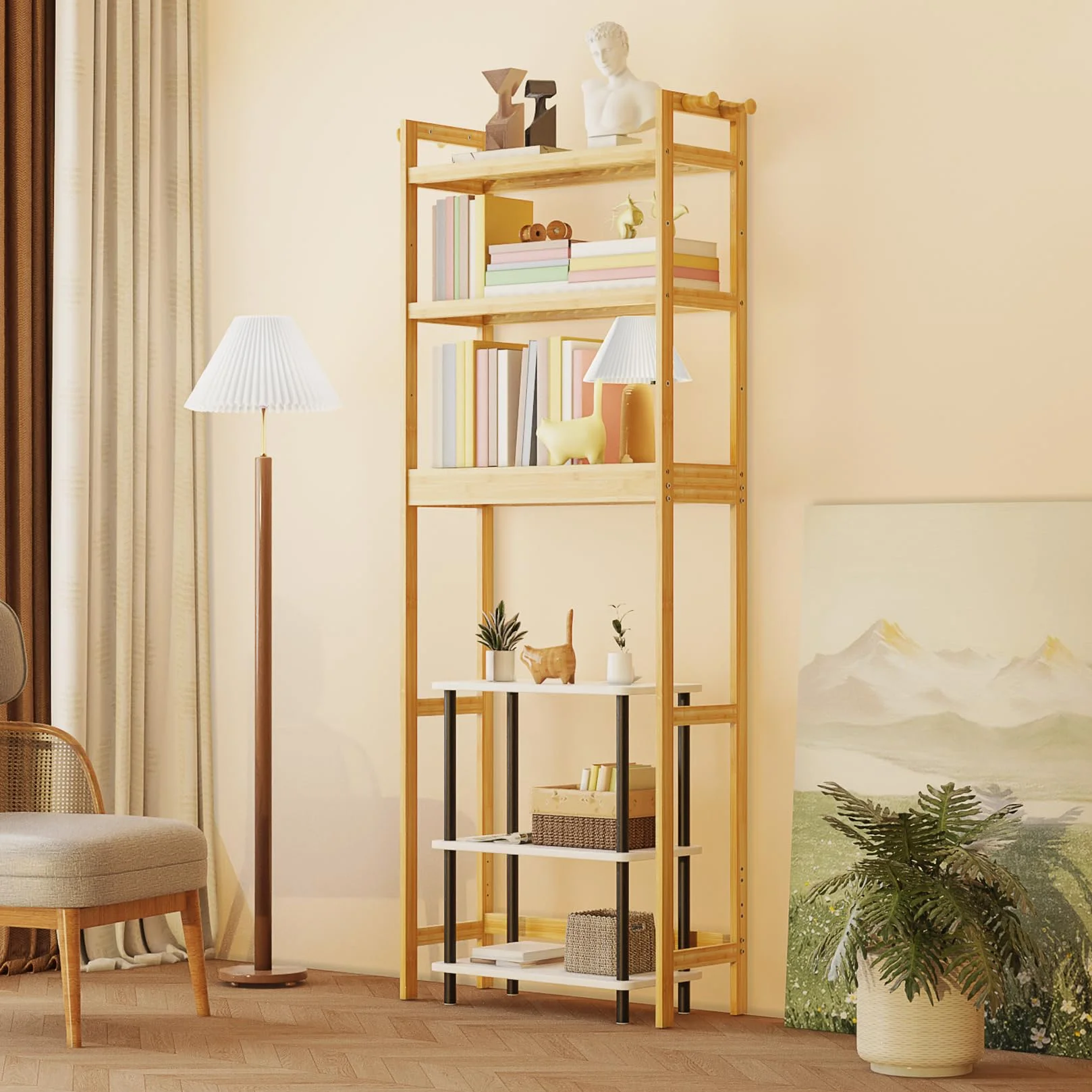 unho Scaffale Mensola per Lavatrice: Bagno Mobile Sopra WC in Bambù Portaoggetti Ripiani Regolabili Salvaspazio Scaffalatura per Lavatrice 63x26x170 cm
