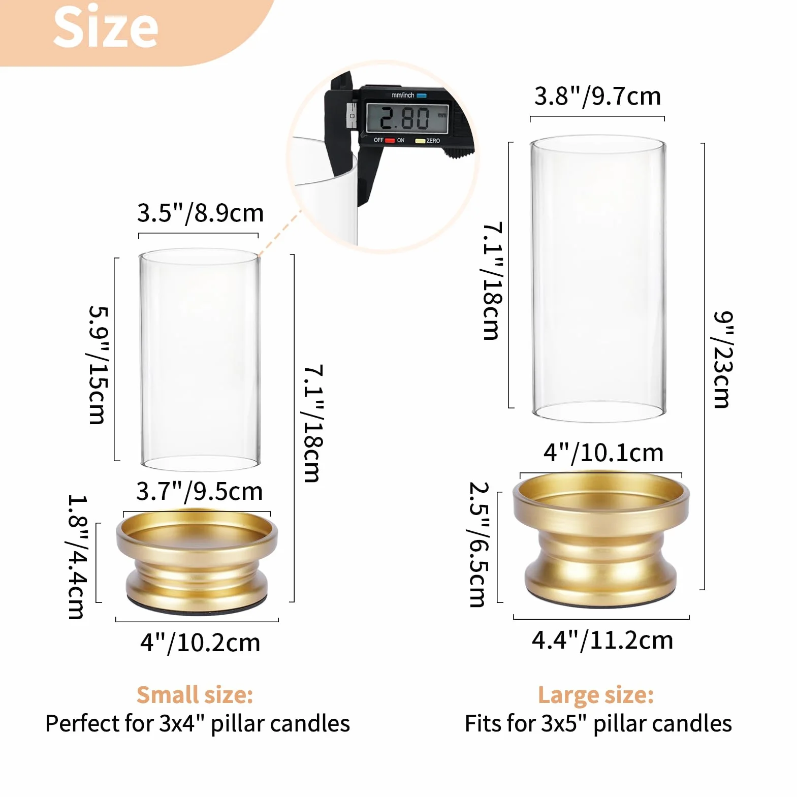 NUPTIO Portacandele A Uragano Oro: Set Di 2 Portacandele Candele A Colonna Con Manicotto In Vetro Trasparente Supporti Decorativi In Metallo Matrimonio Festa Di Natale Tavola Da Pranzo Centrotavola